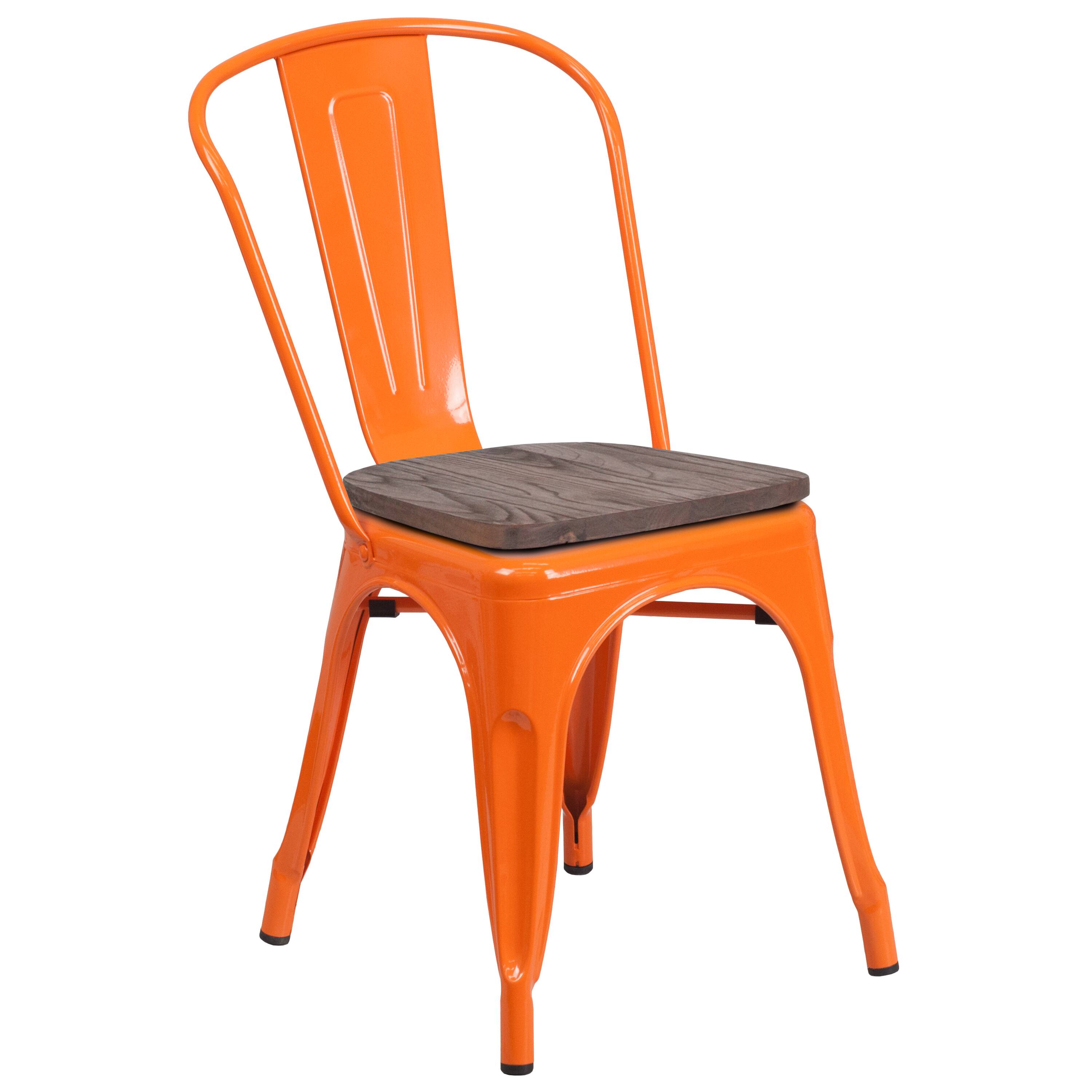 Alt View 1. Emma + Oliver - Colorful Metal Stackable Dining Chair with Wood Seat - Orange.
