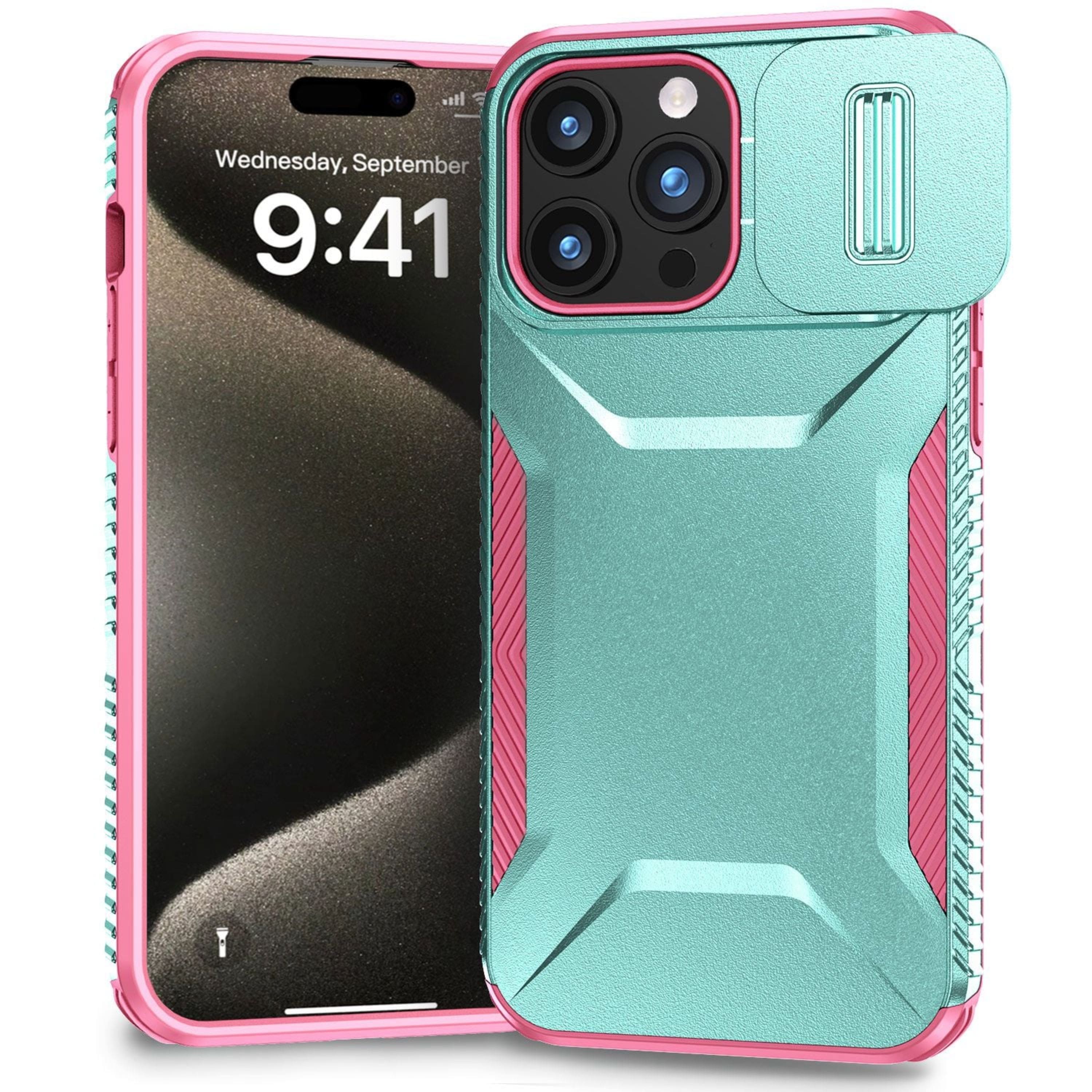 Kitcheniva - Rugged Sliding Lens Cover Case With Tempered Glass For iPhone 15 Pro Max Teal/Pink - Teal and Pink