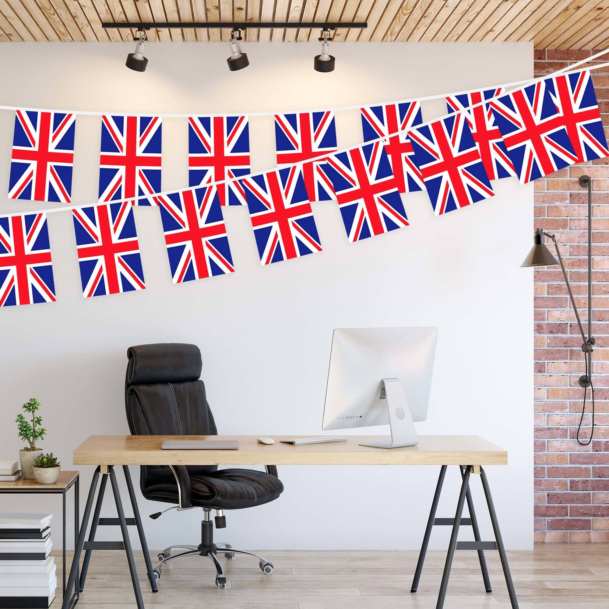 Left. G128 - United Kingdom Flag Bunting Banner, 33 ft String with 38 Mini Flags, 8.2 x 5.5 in Polyester. - Assorted Colors.