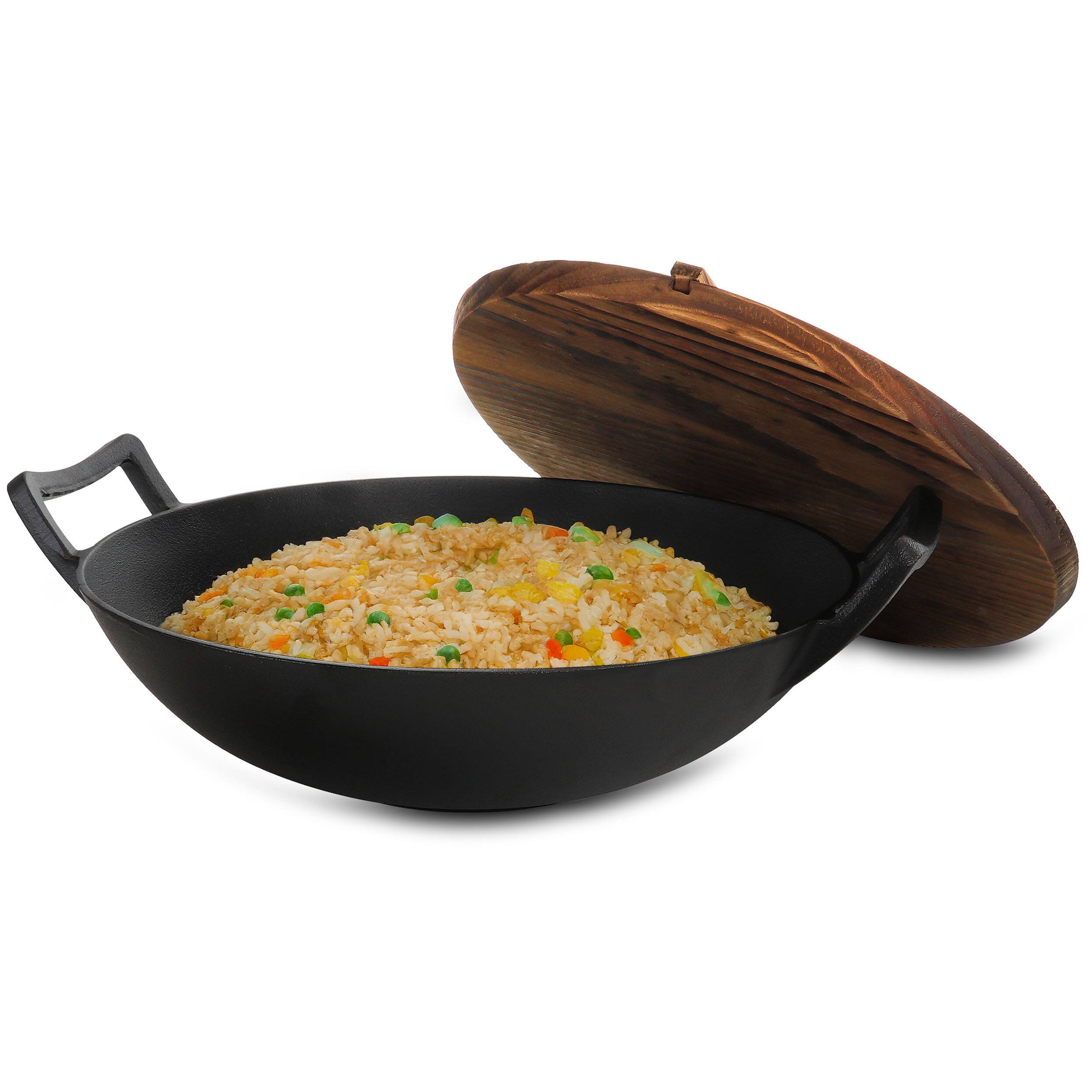 Front. MegaChef - MegaChef 2 Piece 14 Inch Heavy Duty Cast Iron Wok with Wood Lid - Black.