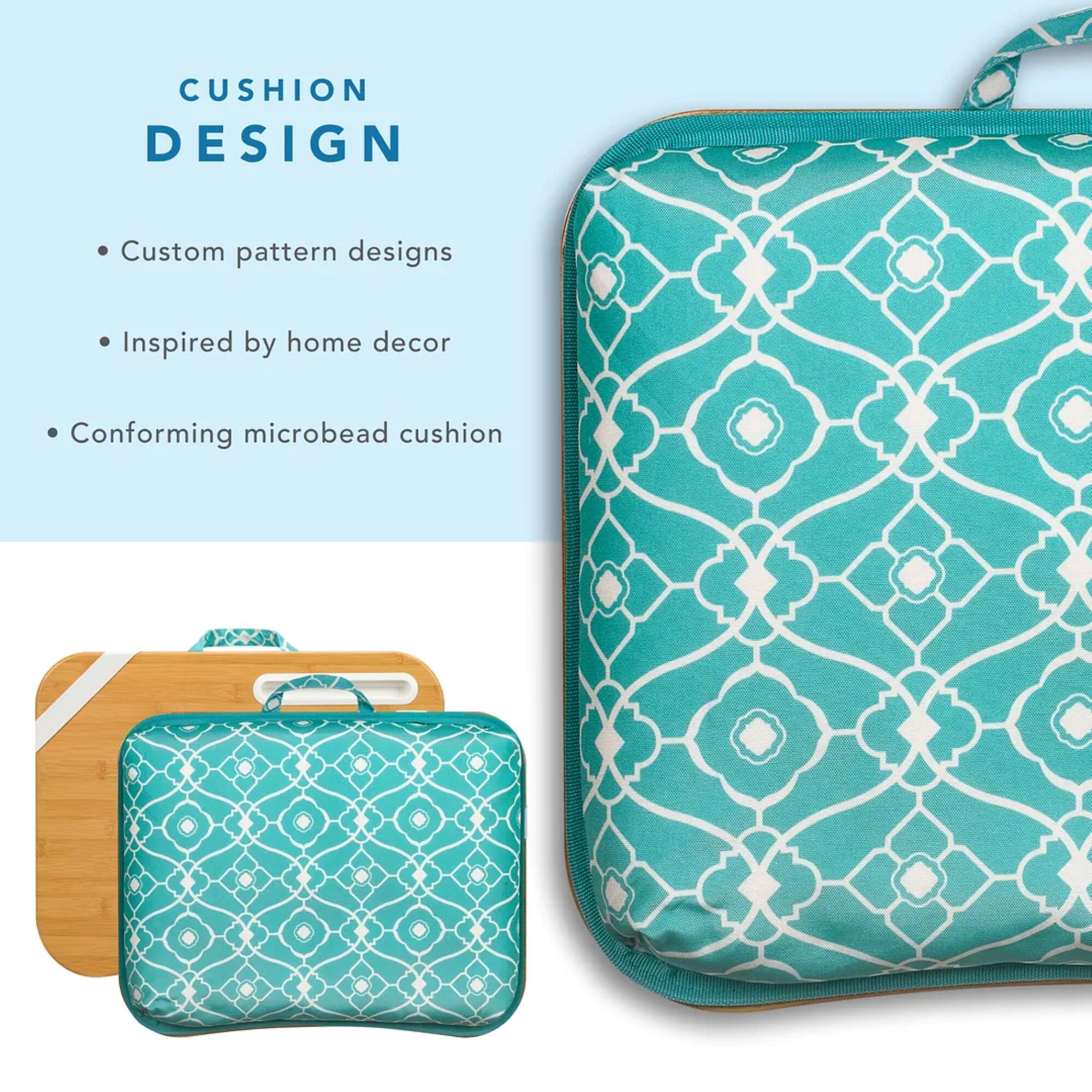 Cushion Design: Custom pattern designs inspired by home decor, conforming microbead cushion.