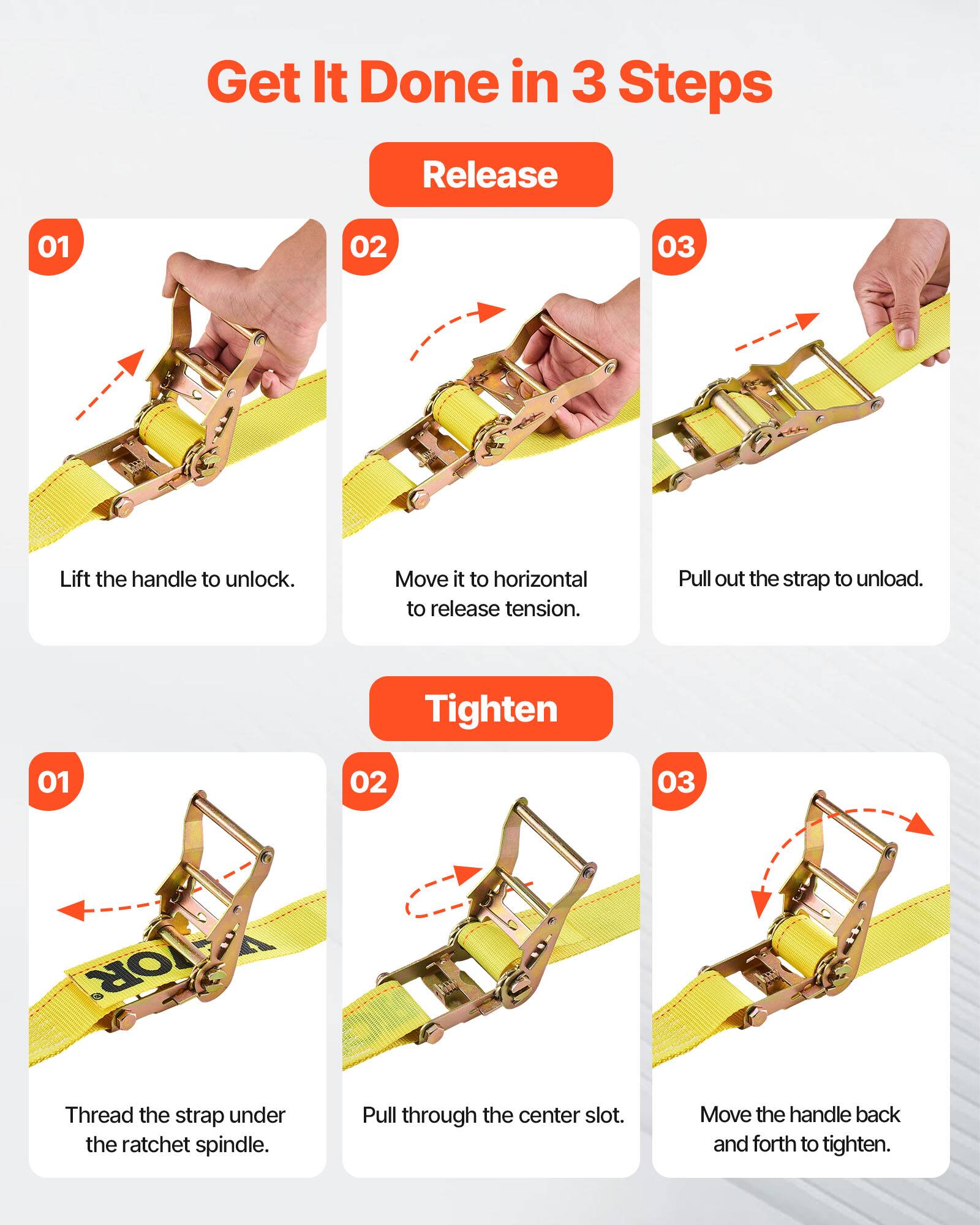Get It Done in 3 Steps

**Release**

01 Lift the handle to unlock.
02 Move it to horizontal to release tension.
03 Pull out the strap to unload.

**Tighten**

01 Thread the strap under the ratchet spindle.
02 Pull through the center slot.
03 Move the handle back and forth to tighten.