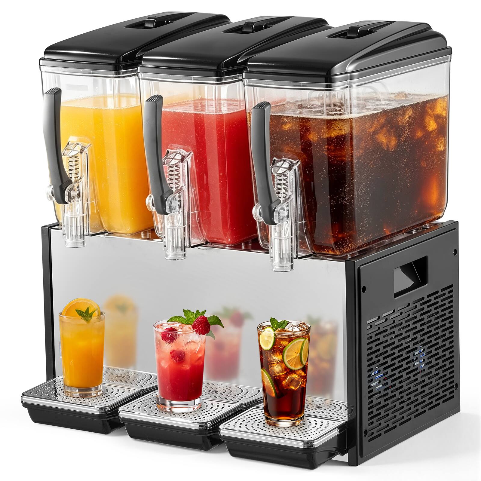 Front. VEVOR - Commercial Beverage Dispenser 3 Tanks 12 L / 12.7 QT Per Tank, Stainless Steel Juice Dispenser, Ice Tea Drink Machine - Black;Silver.