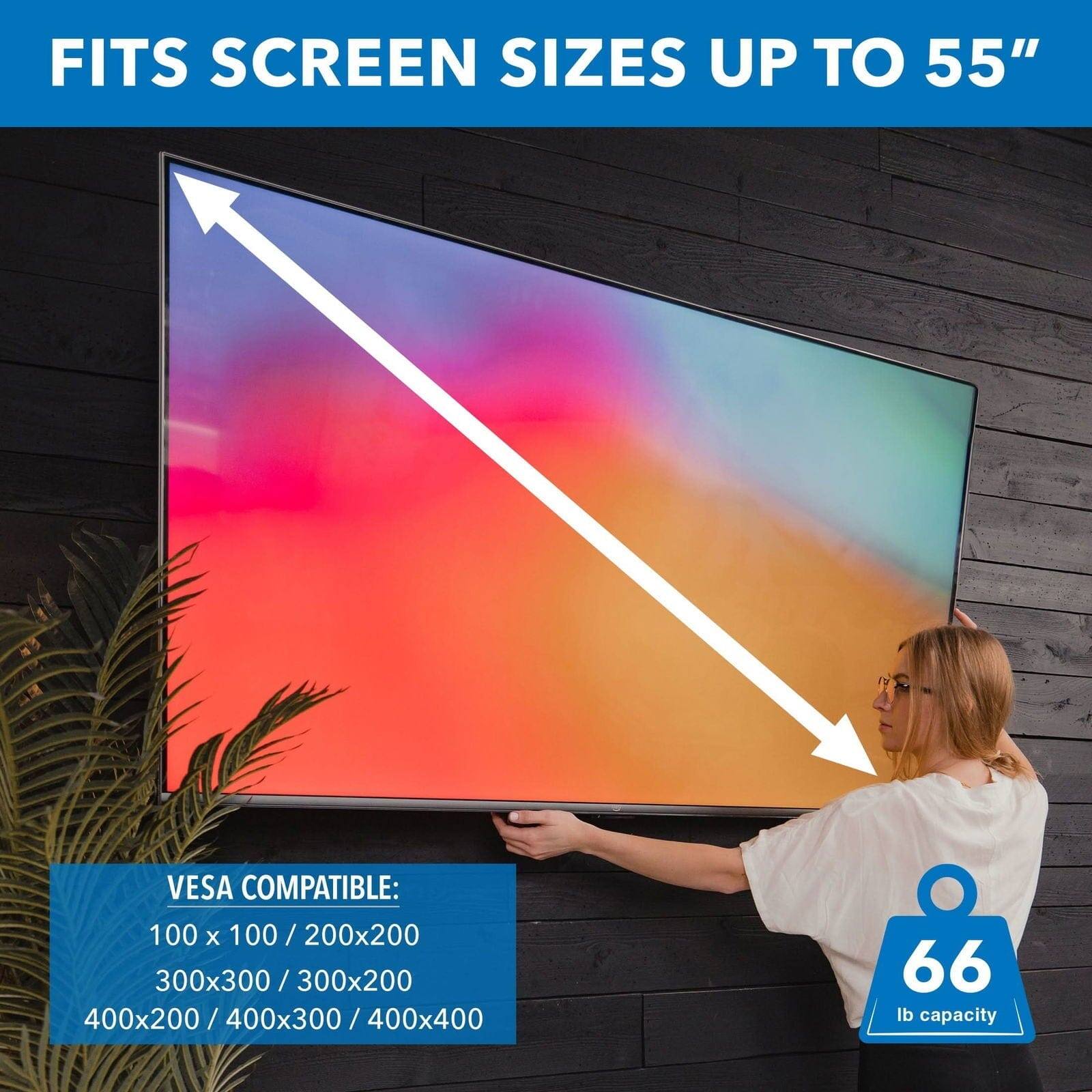 FITS SCREEN SIZES UP TO 55"

VESCA COMPATIBLE:
100 x 100 / 200x200
300x300 / 300x200
400x200 / 400x300 / 400x400
400x300 / 400x400

66 lb capacity