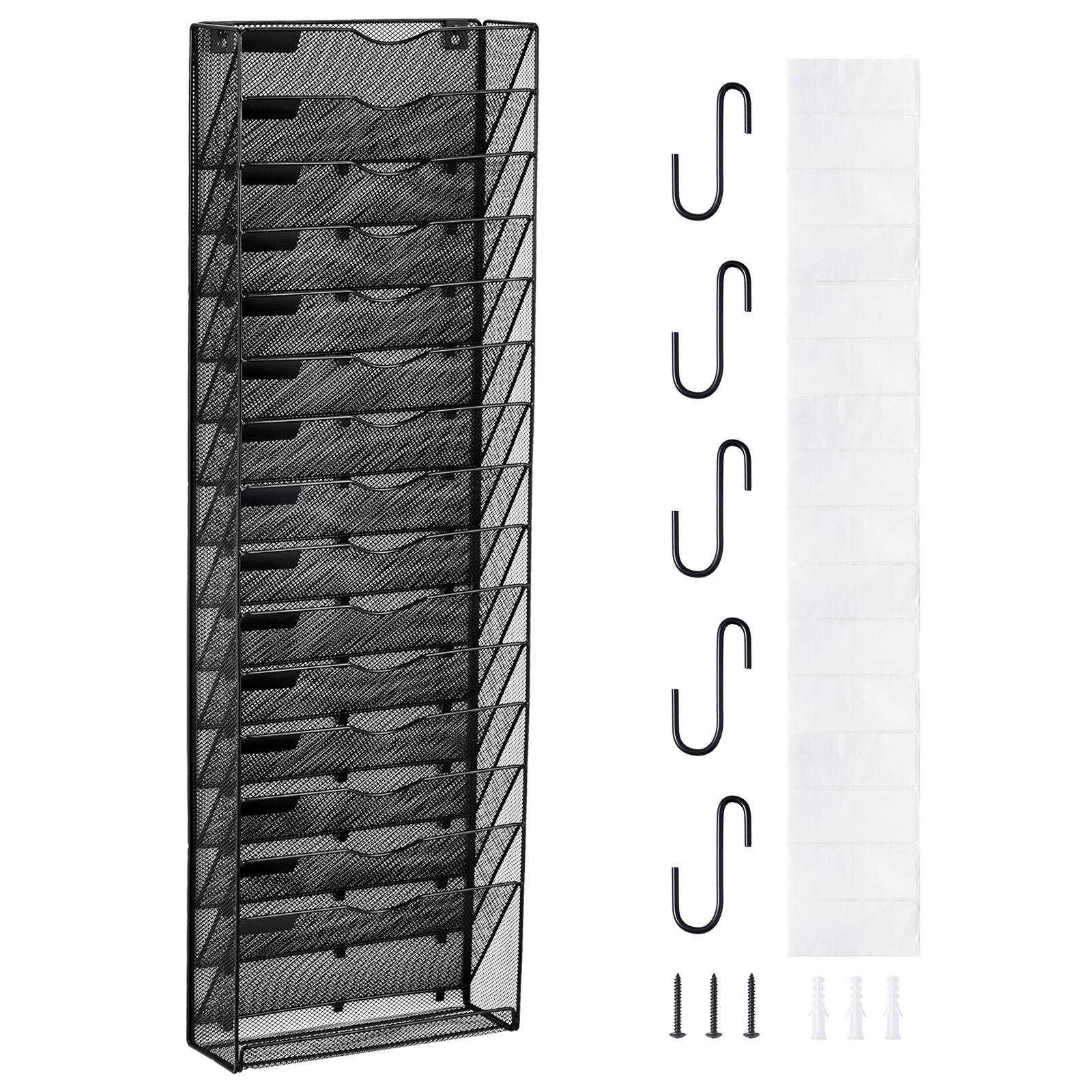Front. VEVOR - File Wall Rack, One-Piece 16 Pockets Mesh Wall File Holder, Wall Mounted Magazine Mail Paper & Document Storage Folder - Black.