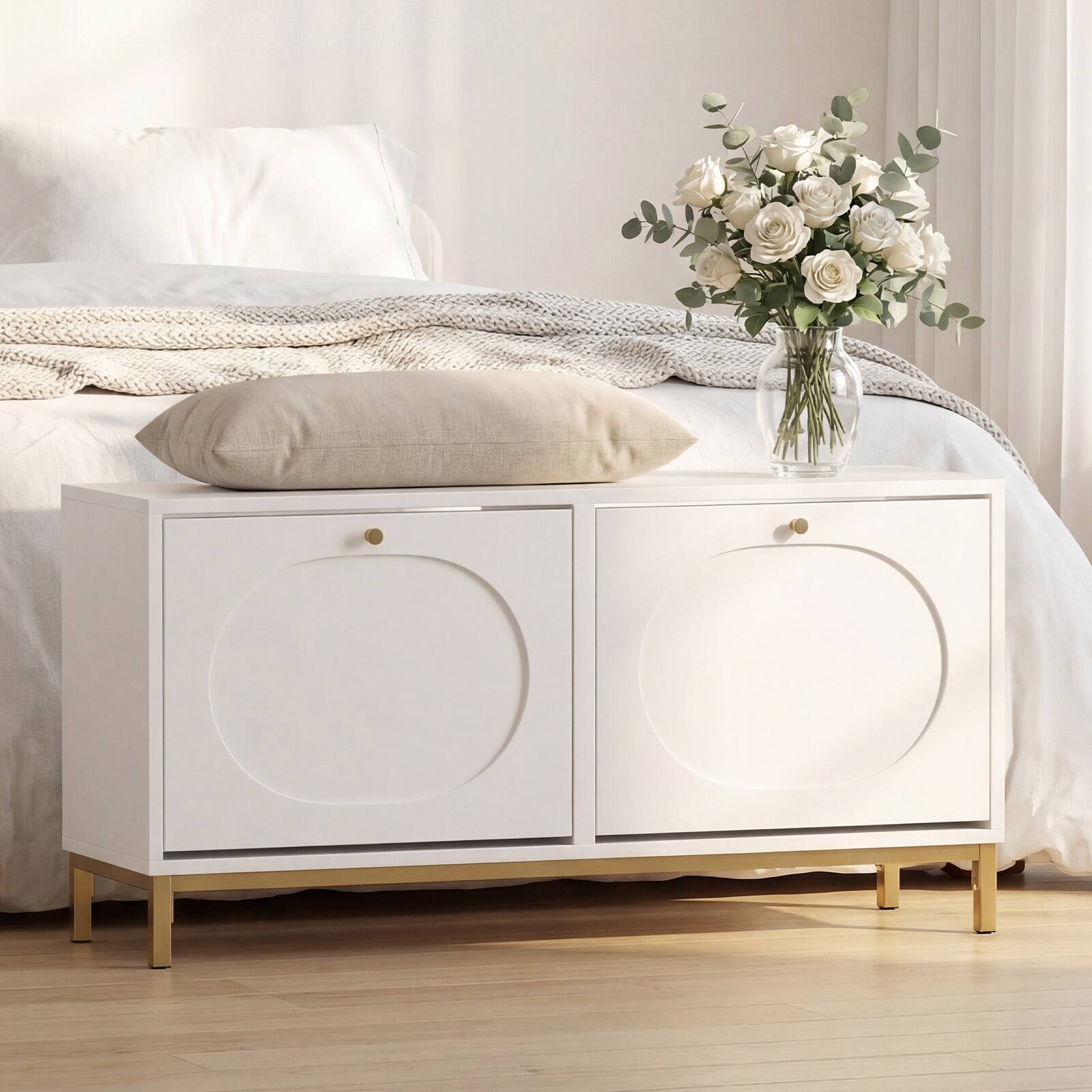 Alt View 1. Costway - Costway Shoe Storage Bench, Narrow Entryway Bench with 2 Flip Drawers & Adjustable Shelves - White + Golden.