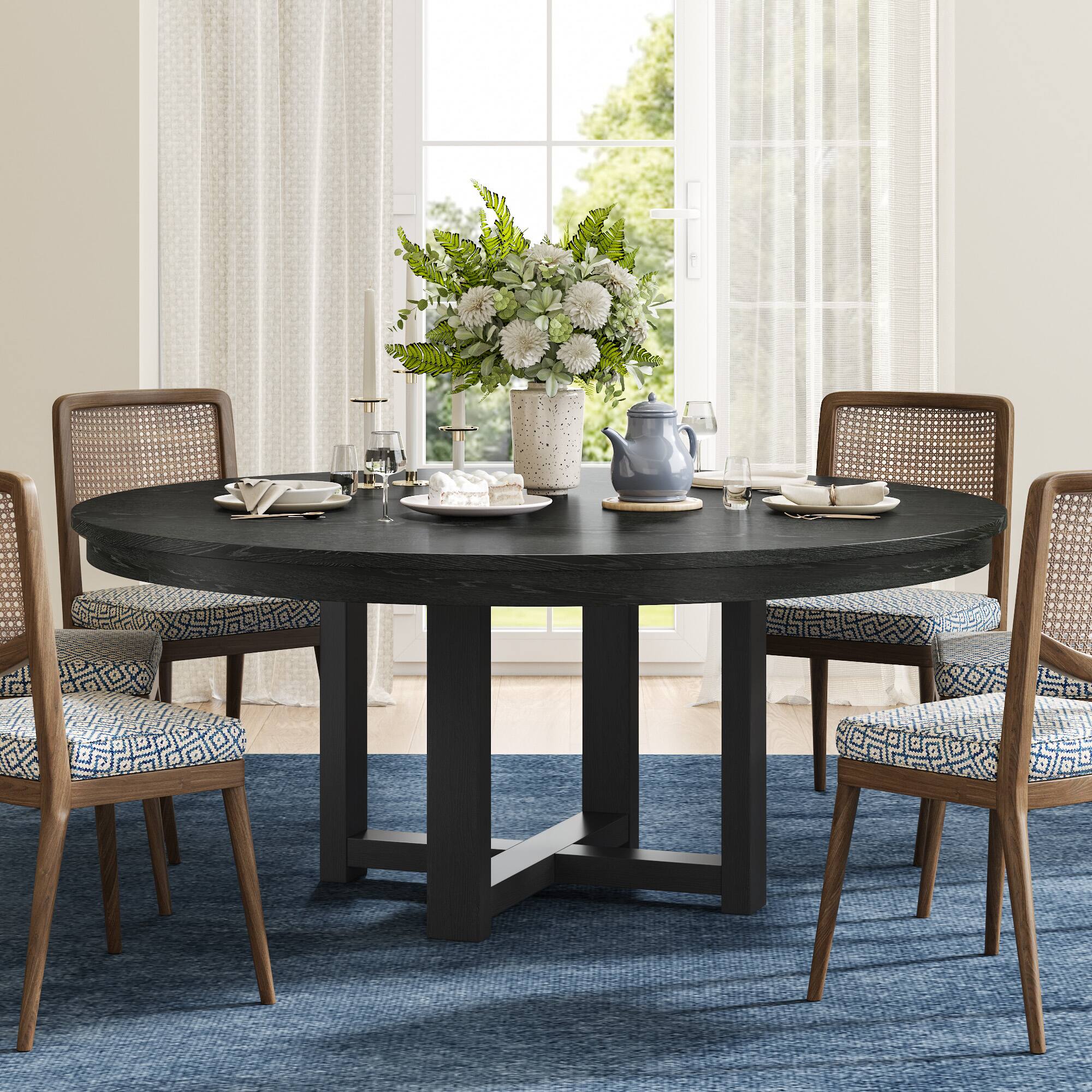 Front. Lirago - 59" Solid Wood Round Dining Table with Double Pedestal Large Kitchen Table Seats 6 for Dining Room - Black.