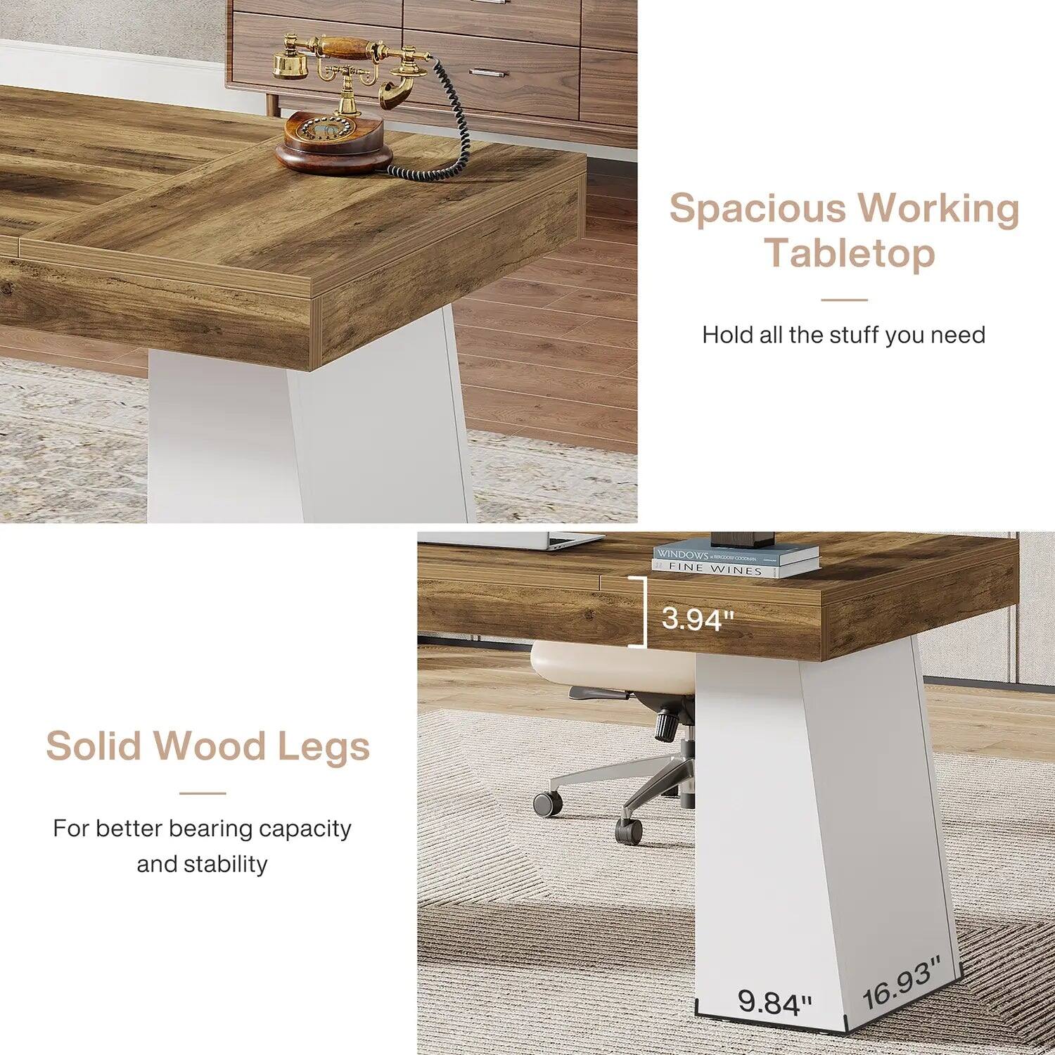 Spacious Working Tabletop  
Hold all the stuff you need  

Solid Wood Legs  
For better bearing capacity and stability  

3.94"  
9.84" 16.93"