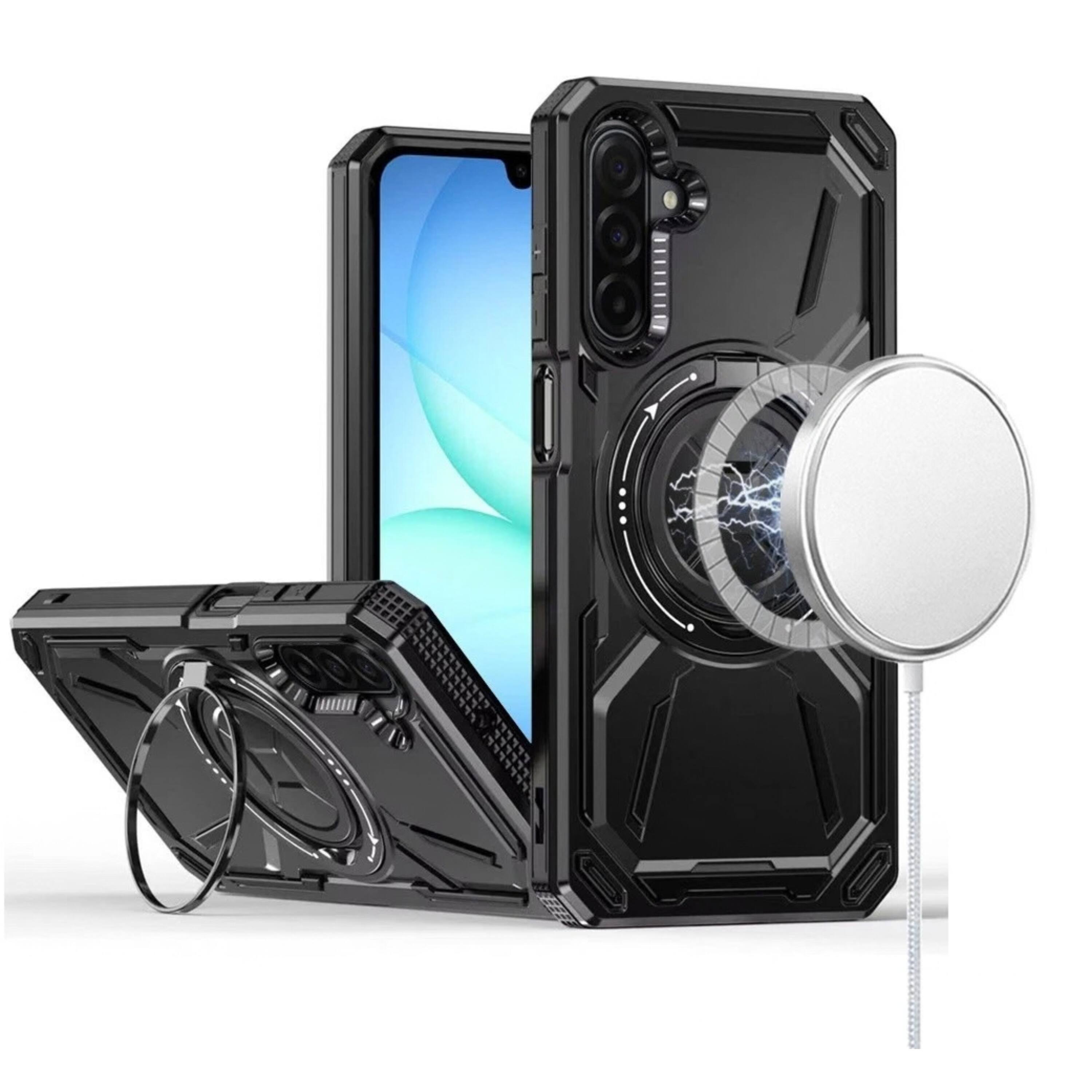Front. Kitcheniva - Metal Ring Stand Shockproof Phone Case With Tempered Glass For Samsung A17 5G Black - Black.