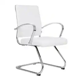 LeisureMod - Benmar Office Chair, Ribbed Leather Upholstery with Chrome Arms and Sled Base, Modern Desk Seating for Home or Office - White