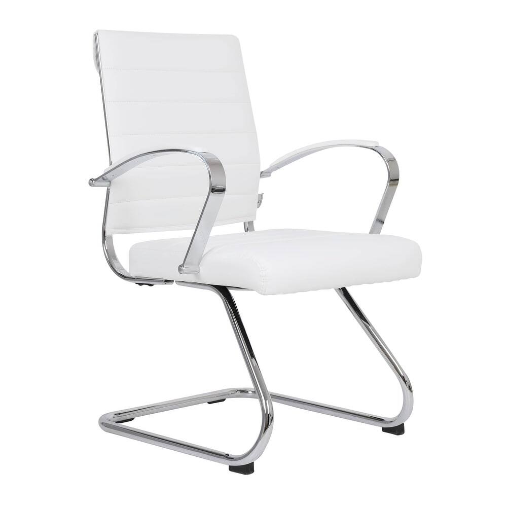 Front. LeisureMod - Benmar Office Chair, Ribbed Leather Upholstery with Chrome Arms and Sled Base, Modern Desk Seating for Home or Office - White.