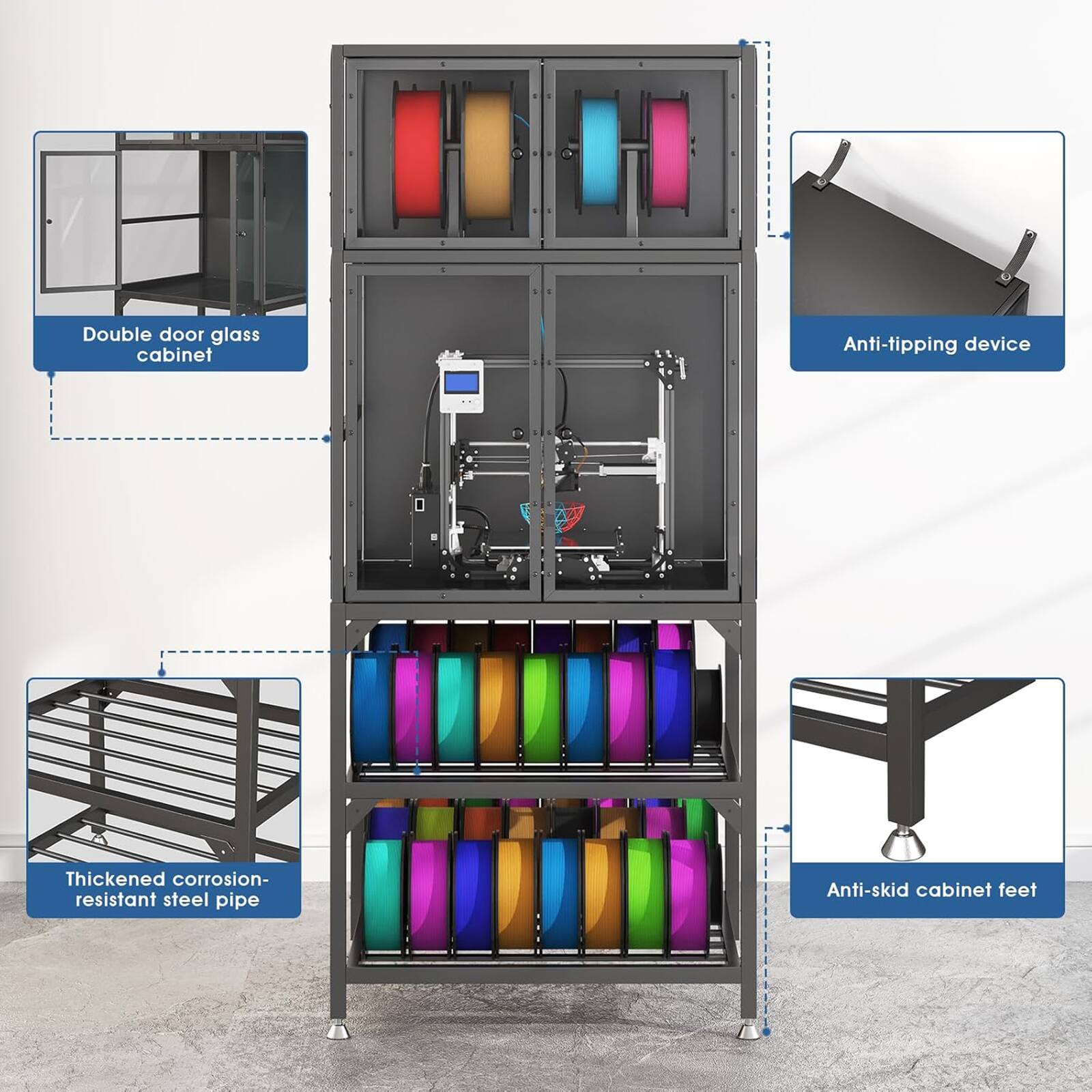 - Double door glass cabinet
- Anti-tipping device
- Thickened corrosion-resistant steel pipe
- Anti-skid cabinet feet