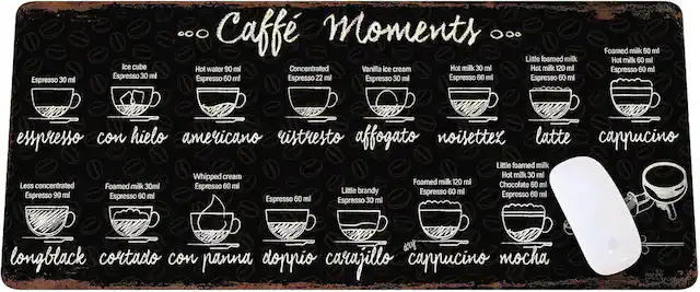 Sure, here is the corrected and grouped text from the image:
---
**Caffè Moments**
- **Espresso**
Espresso 30 ml
- **Espresso con hielo**
Ice cube
Espresso 30 ml
- **Americano**
Hot water 90 ml
Espresso 60 ml
- **Espresso**
Concentrated Espresso 22 ml
- **Affogato**
Vanilla ice cream
Espresso 30 ml
- **Noisettex**
Hot milk 30 ml
Espresso 60 ml
- **Latte**
Foamed milk 60 ml
Hot milk 60 ml
Espresso 60 ml
- **Cappuccino**
Foamed milk 120 ml
Espresso 60 ml
- **Longblack**
Less concentrated Espresso 90 ml
- **Cortado con panna**
Foamed milk 30 ml
Espresso 60 ml
- **Donnino**
Whipped cream
Espresso 60 ml
- **Carajillo**
Little