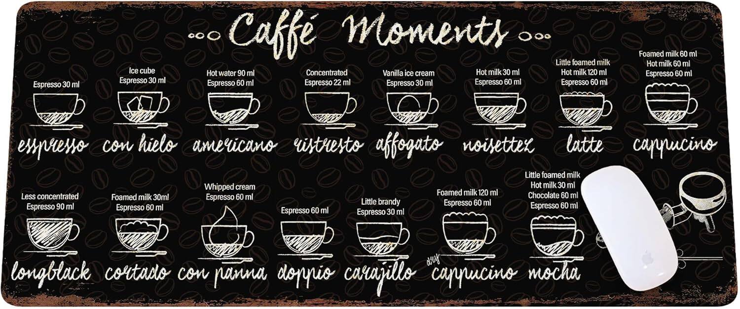 Sure, here is the corrected and grouped text from the image:

---

**Caffè Moments**

- **Espresso**  
  Espresso 30 ml

- **Espresso con hielo**  
  Ice cube  
  Espresso 30 ml

- **Americano**  
  Hot water 90 ml  
  Espresso 60 ml

- **Espresso**  
  Concentrated Espresso 22 ml

- **Affogato**  
  Vanilla ice cream  
  Espresso 30 ml

- **Noisettex**  
  Hot milk 30 ml  
  Espresso 60 ml

- **Latte**  
  Foamed milk 60 ml  
  Hot milk 60 ml  
  Espresso 60 ml

- **Cappuccino**  
  Foamed milk 120 ml  
  Espresso 60 ml

- **Longblack**  
  Less concentrated Espresso 90 ml

- **Cortado con panna**  
  Foamed milk 30 ml  
  Espresso 60 ml

- **Donnino**  
  Whipped cream  
  Espresso 60 ml

- **Carajillo**  
  Little