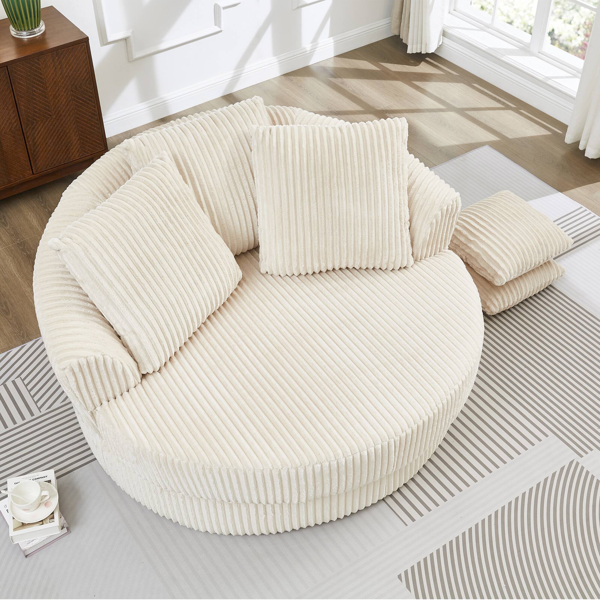 Back. Trinkets Crazed - 61-Inch Oversized Round Chaise Longue Chair Indoor, Modern Upholstered Corduroy Deep Seat Chair - Beige.
