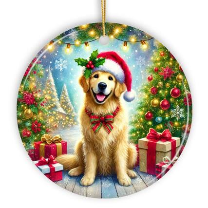 Front. OrnamentallyYou - Majestic Golden Retriever with Santa Hat Ornament Delightful Christmas Gift and Decor Circle - Multi-colored.