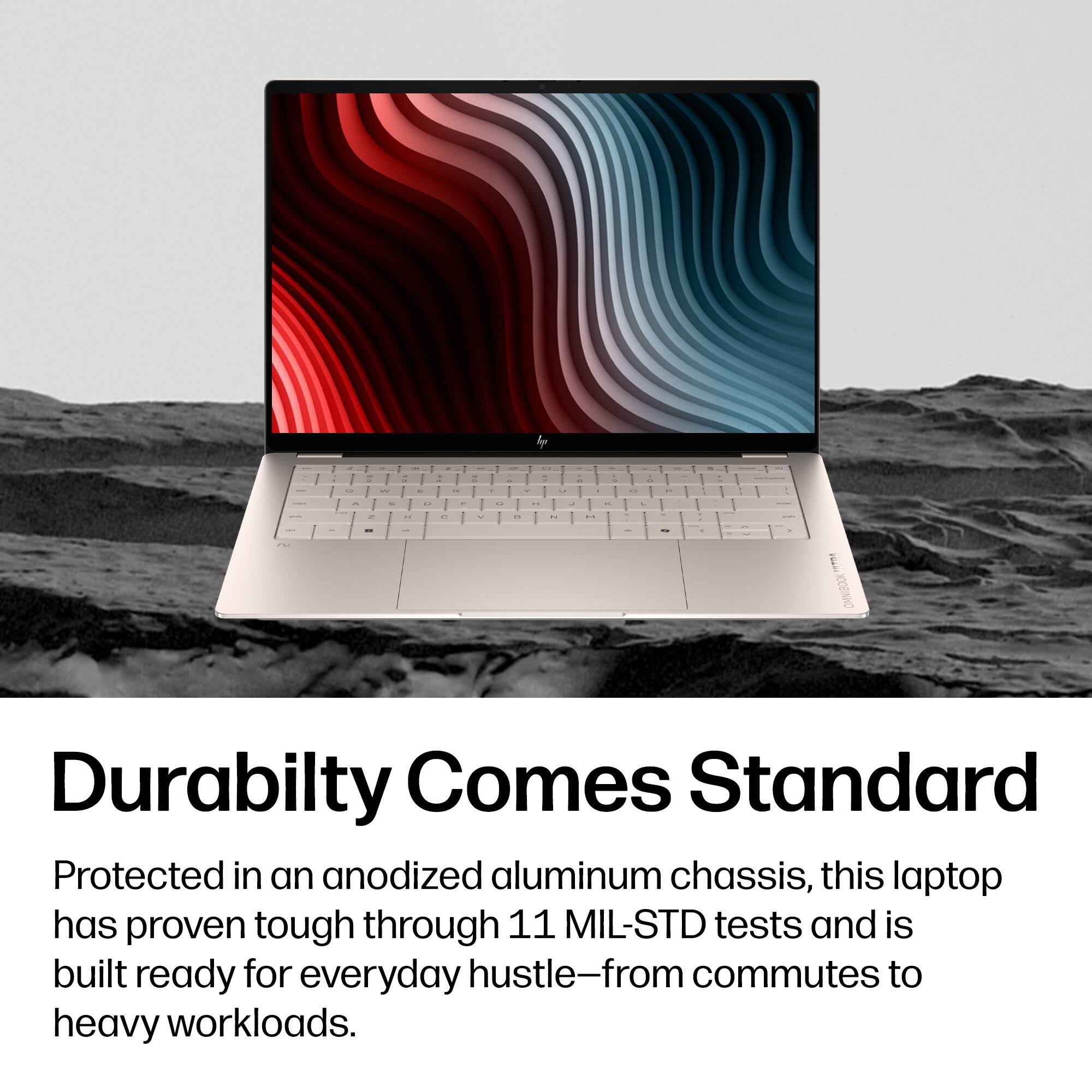 Durability Comes Standard

Protected in an anodized aluminum chassis, this laptop has proven tough through 11 MIL-STD tests and is built ready for everyday hustle—from commutes to heavy workloads.