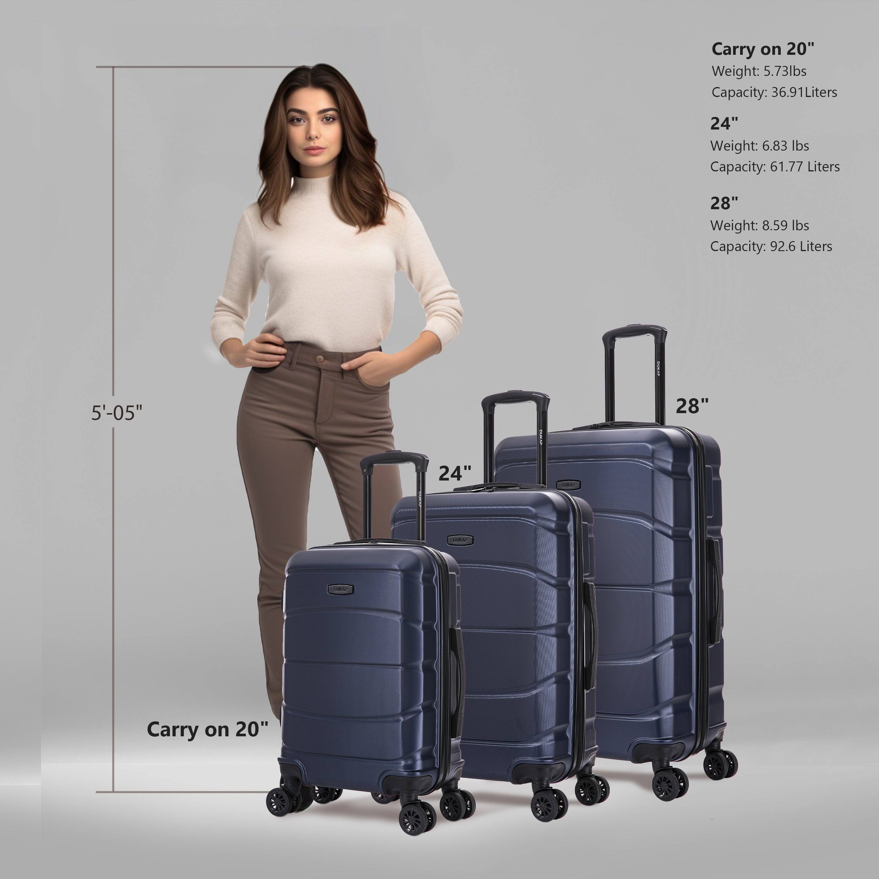 - Carry on 20"
  - Weight: 5.73 lbs
  - Capacity: 36.91 Liters

- 24"
  - Weight: 6.83 lbs
  - Capacity: 61.77 Liters

- 28"
  - Weight: 8.59 lbs
  - Capacity: 92.6 Liters

- 5'-05"