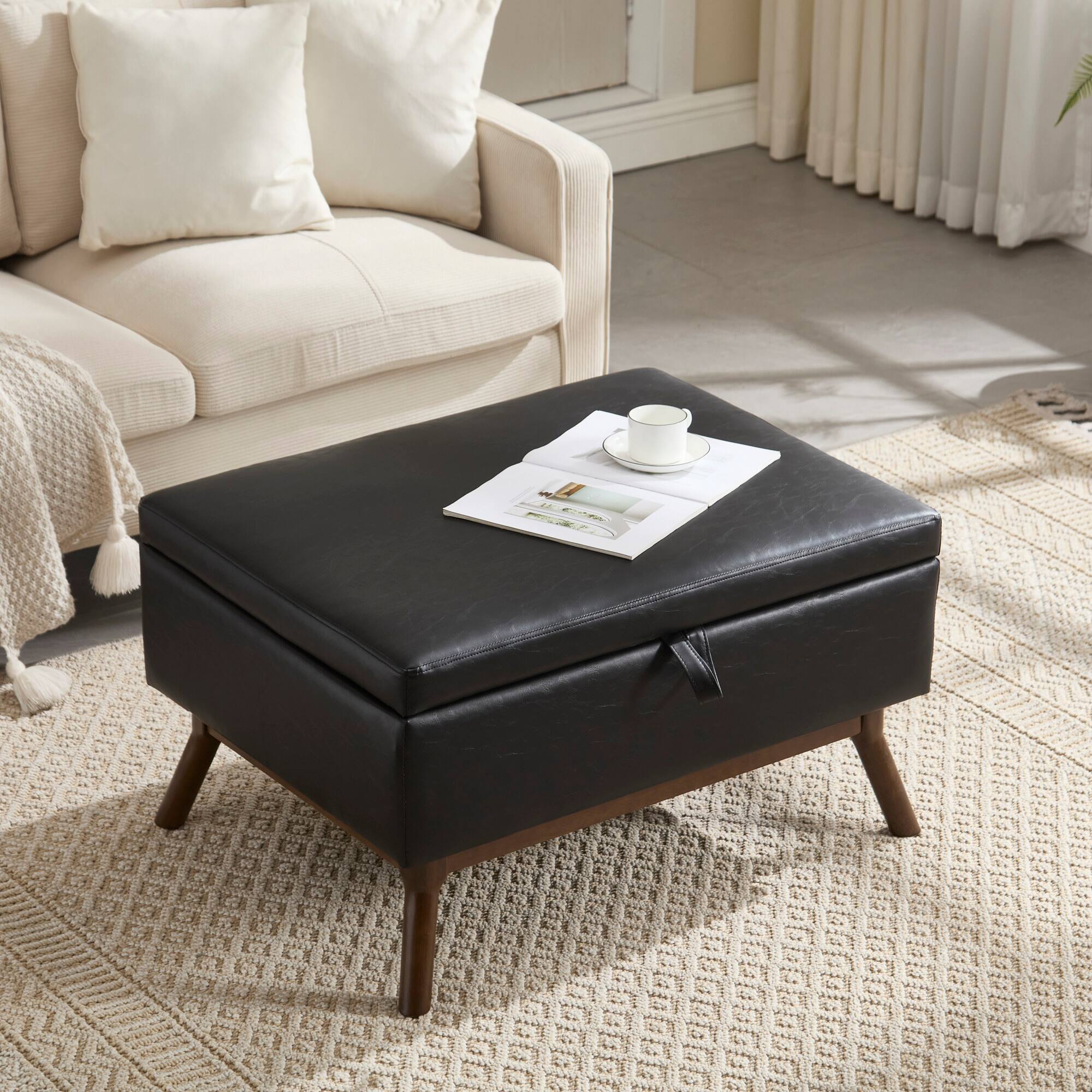 Alt View 6. GOODSILO - Mid-Century Modern Square Storage Ottoman Bench with Lift-Top Lid and Child Safety Hinge - Black PU.