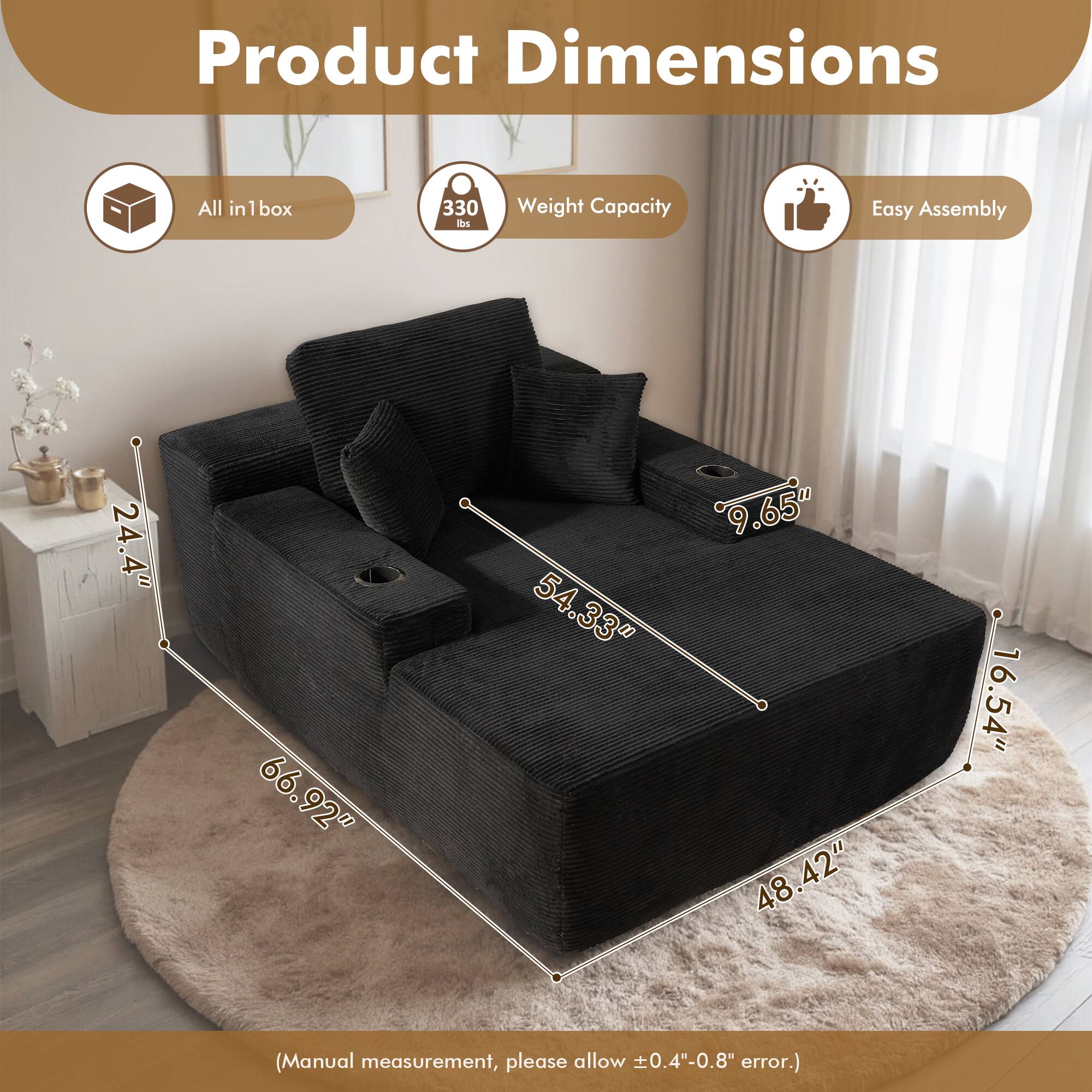 Product Dimensions

- All in box
- Weight Capacity: 330 lbs
- Easy Assembly

Dimensions:
- 24.4" (width)
- 66.92" (length)
- 54.33" (depth)
- 9.65" (height)
- 48.42" (seat height)
- 16.54" (seat depth)

(Manual measurement, please allow ±0.4"-0.8" error.)