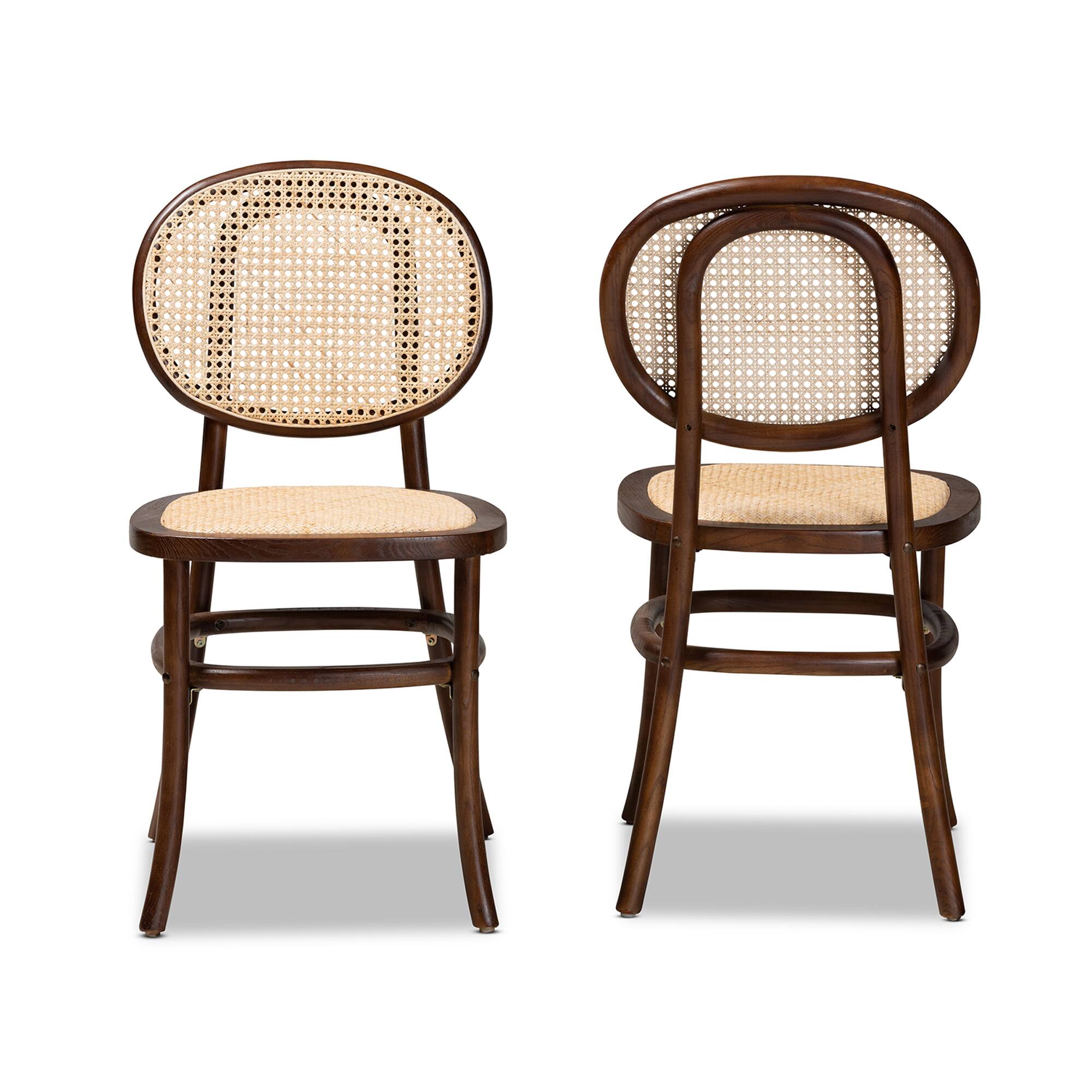 Angle. Baxton Studio - Garold Mid-Century Modern Woven Rattan and Wood 2-Piece Cane Dining Chair Set - Beige/Walnut Brown.