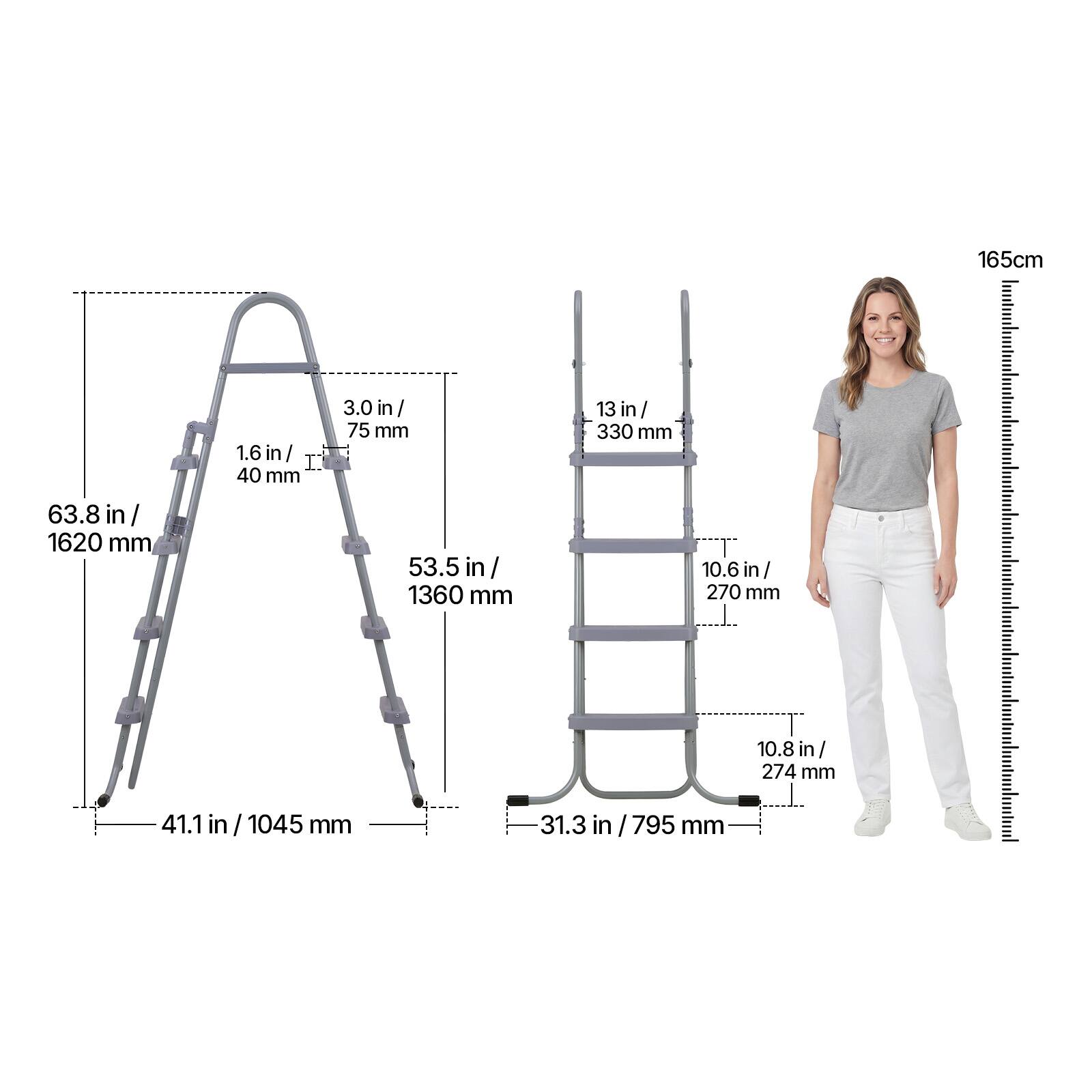 165cm  
1.6 in / 40 mm  
3.0 in / 75 mm  
13 in / 330 mm  
63.8 in / 1620 mm  
53.5 in / 1360 mm  
10.6 in / 270 mm  
10.8 in / 274 mm  
41.1 in / 1045 mm  
31.3 in / 795 mm