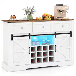 Gymax - Wine Bar Cabinet w/LED Lights Doors Coffee Station w/ Adjustable Shelves Racks - White