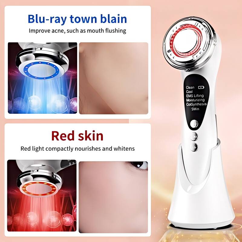 Blu-ray town blain  
Improve acne, such as mouth flushing  

Clean  
Cool  
EMS Lifting  
Moisturizing  
ColSynthesis  
SMin  

Red skin  
Red light compactly nourishes and whitens