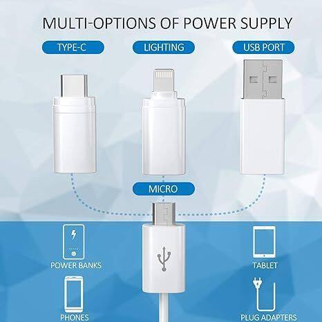 MULTI-OPTIONS OF POWER SUPPLY

- TYPE-C
- LIGHTING
- USB PORT
- MICRO
- POWER BANKS
- TABLET
- PHONES
- PLUG ADAPTERS