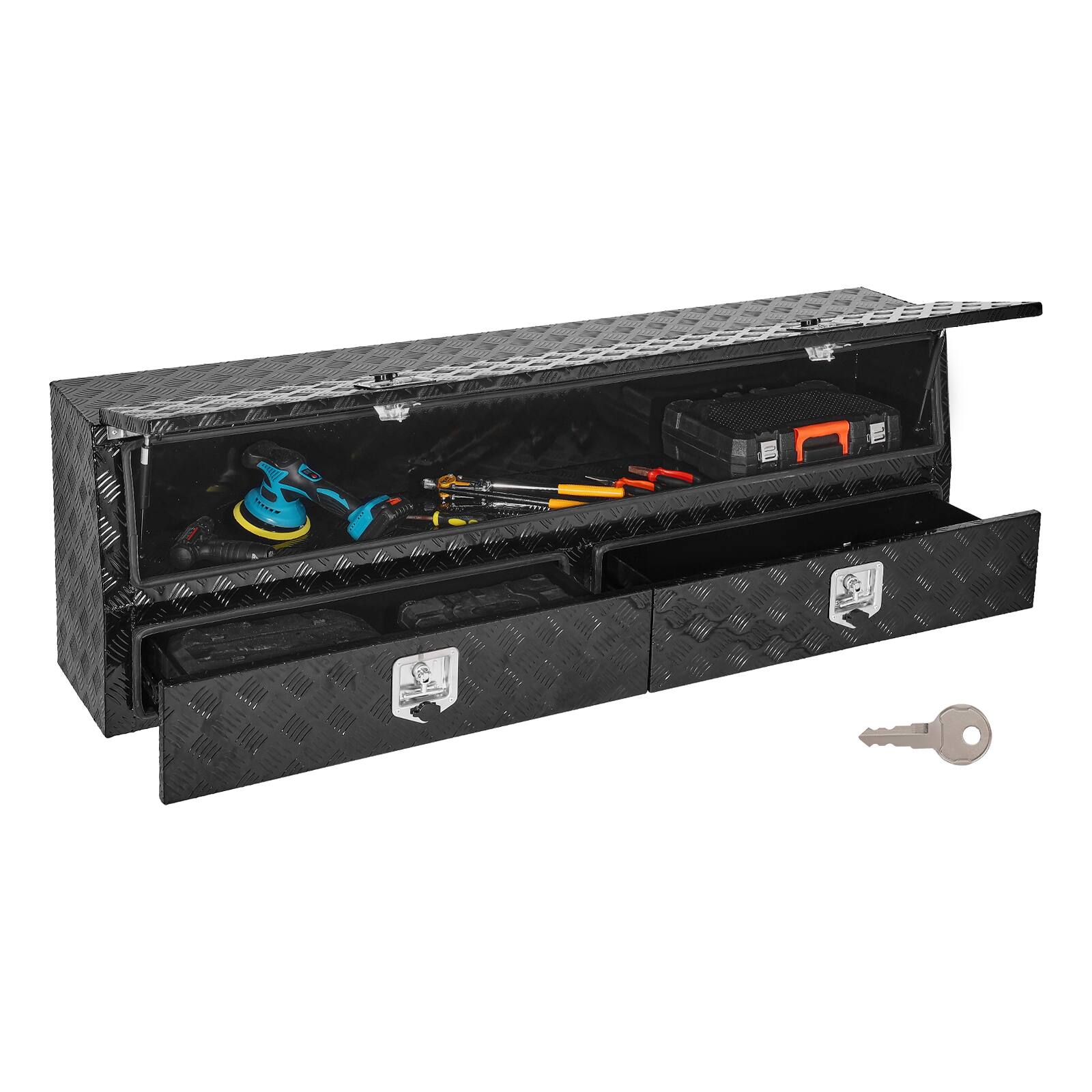 VEVOR - Contractor Truck Tool Box, 72 x 21 x 13 in, Tread Aluminum TopSider Toolbox with Two Lower Drawers, Flip Up Door - Black