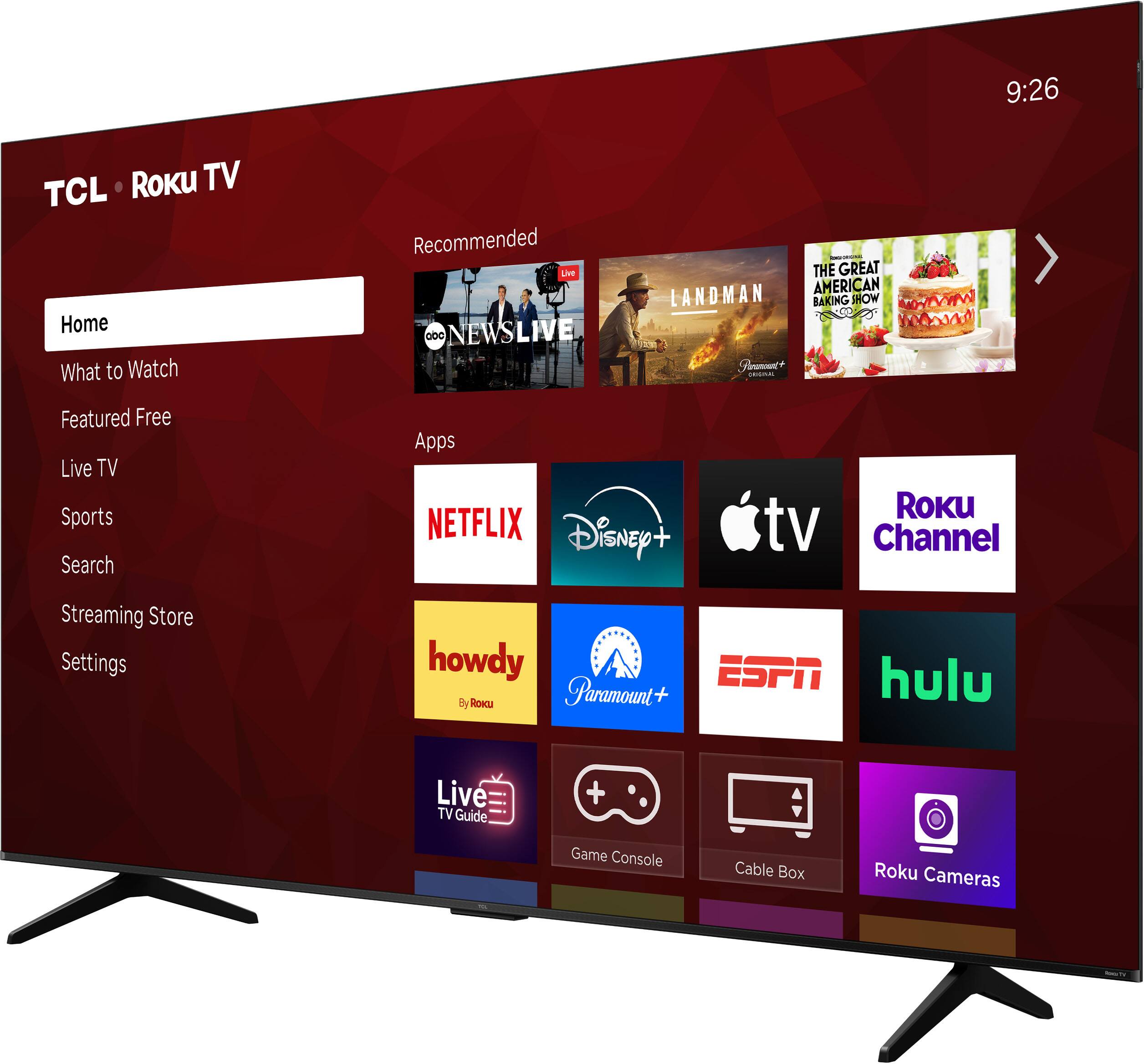 9:26 TCL Roku TV Home What to Watch Recommended Live TV oc NEWSLIVE THE GREAT AMERICAN LANDMAN BAKING WOR ramat+ iRS Featured Free Live TV Sports Search Apps NETFLIX Disney+ Roku tv Channel Streaming Store Settings howdy ESPN hulu by Paramount+ Live TV Guide + Game Console Cable Box Roku Cameras