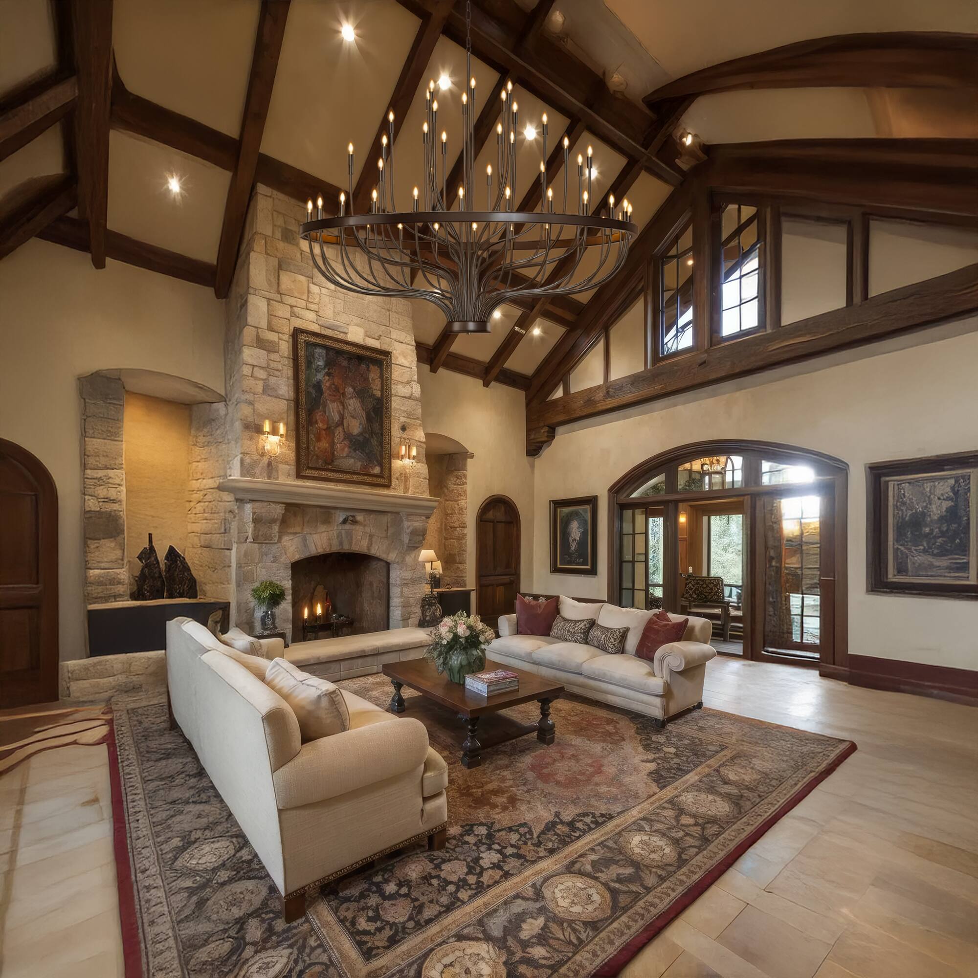 Left. RYHNUYNE - Extra Large 48-Light Farmhouse Wagon Wheel Chandelier - Adjustable Black Pendant Light for High Ceilings - Black.