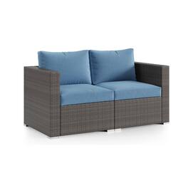 Mondawe - 59" Width 2-Piece Wicker Patio Loveseat Set, Outdoor Sectional Sofa with Blue Cushions - Blue+Brown