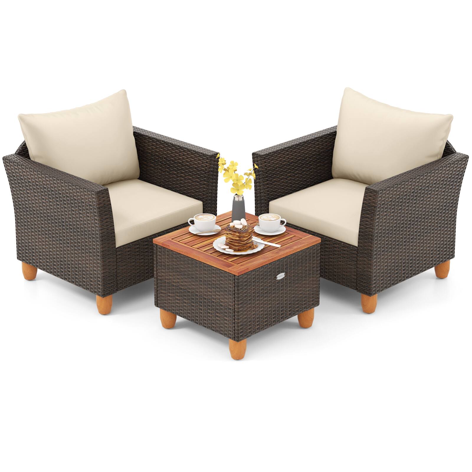 Alt View 8. Gymax - Gymax 3 PCS Patio PE Wicker Furniture Set Outdoor Conversation Bistro Set w/ Cushions Beige - Beige.