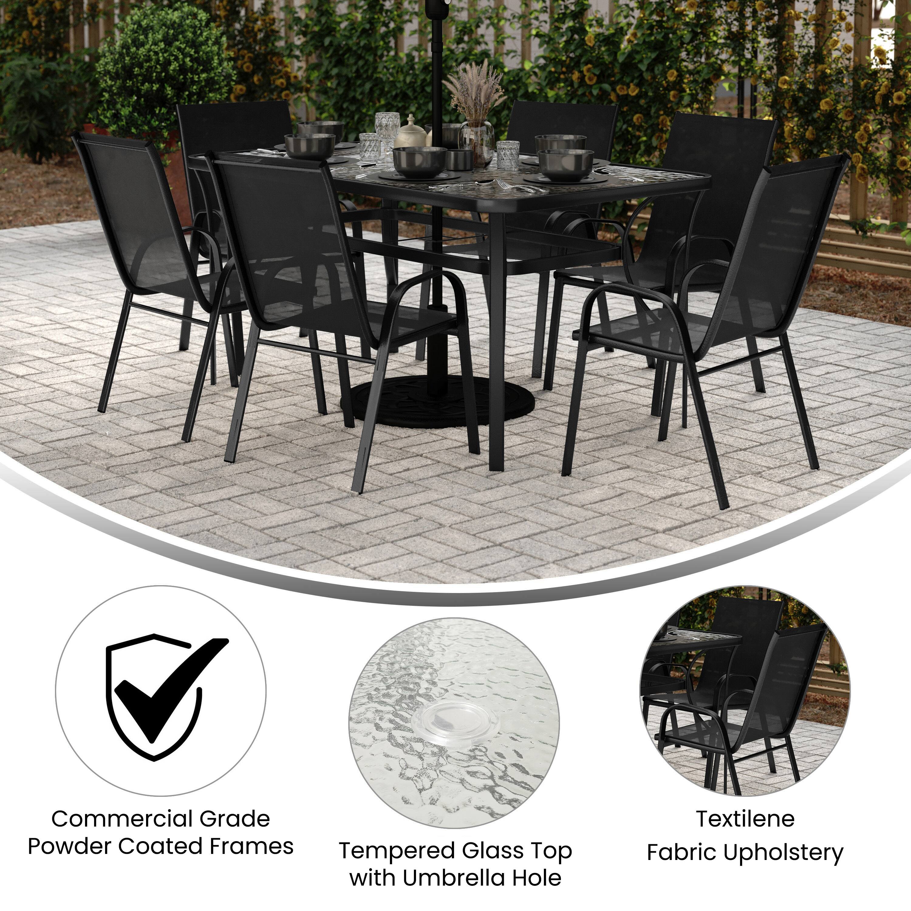 Commercial Grade Powder Coated Frames  
Tempered Glass Top with Umbrella Hole  
Textilene Fabric Upholstery