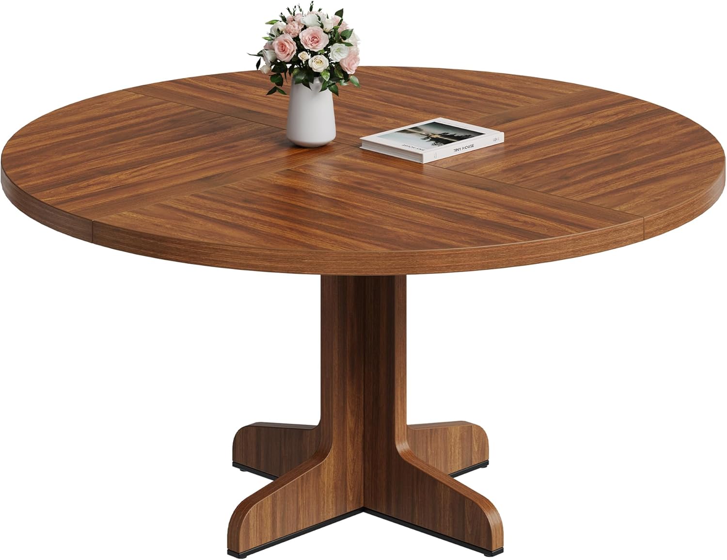 Alt View 2. Homhougo - Round Dining Table for 4 - 47-Inch Rustic Kitchen Table with Wooden Base - Walnut.