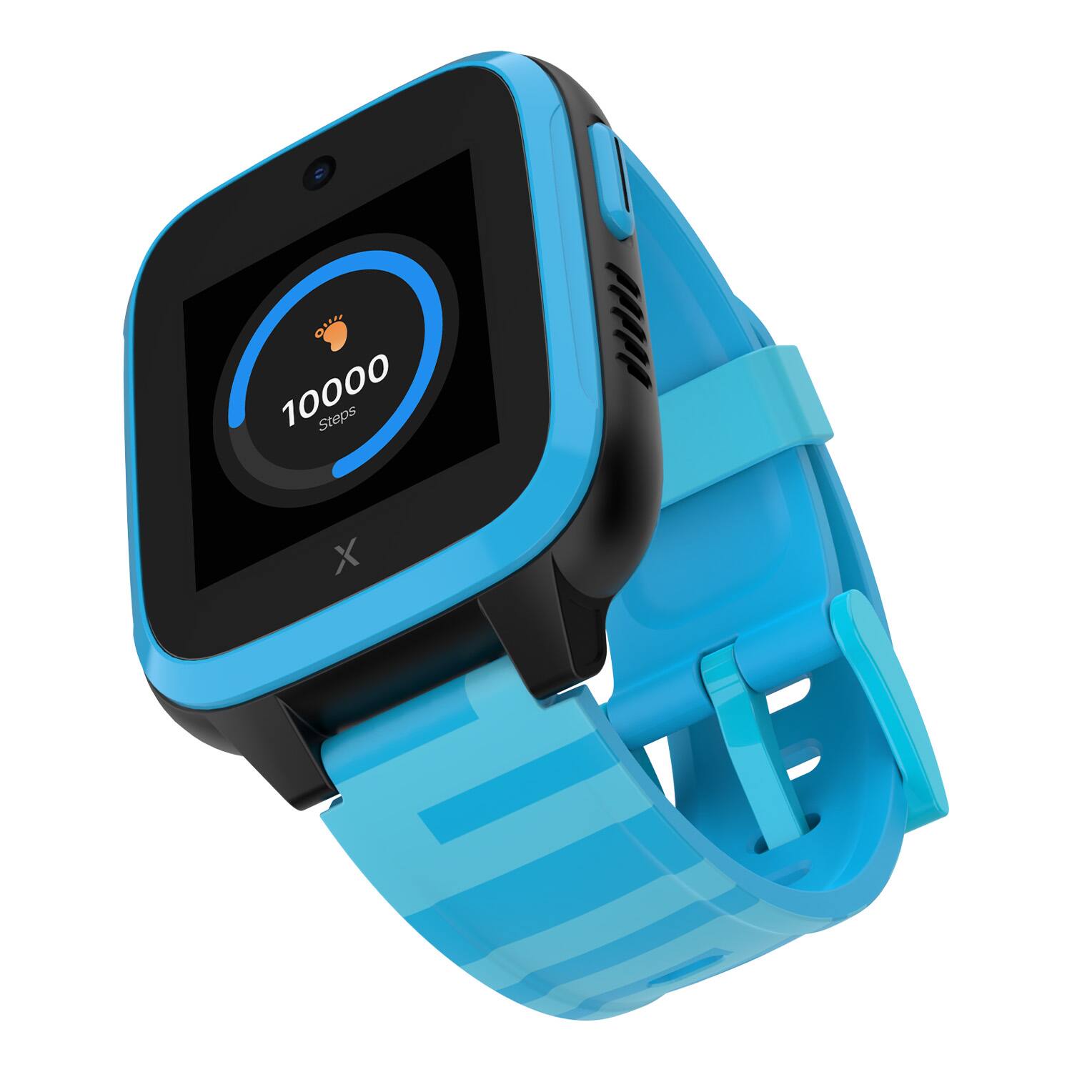 The text on the image reads "10000 Steps X," which indicates that the wearer has achieved 10,000 steps. The watch is blue and black, and it is designed to track the wearer's steps and other fitness-related data.