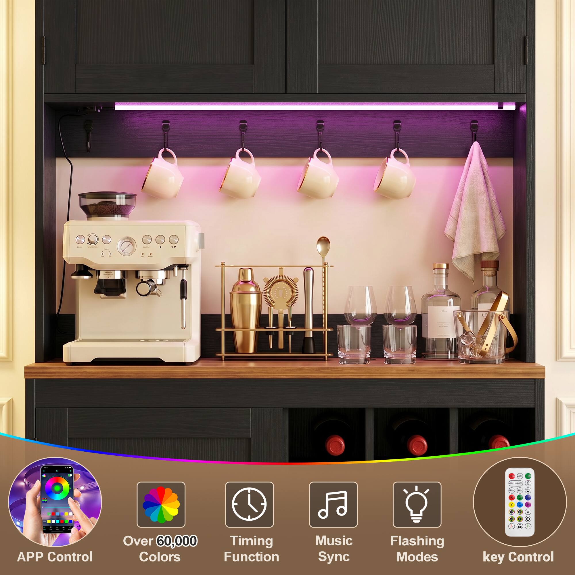 APP Control  
Over 60,000 Colors  
Timing Function  
Music Sync  
Flashing Modes  
1 key Control