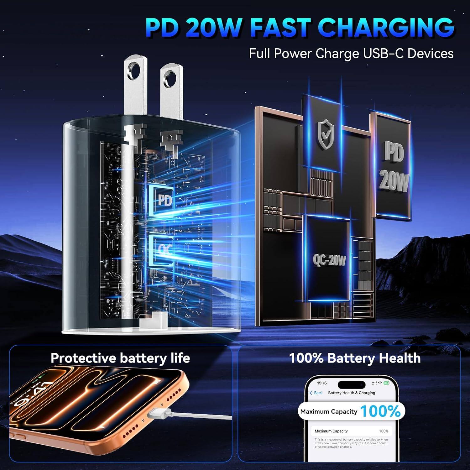 PD 20W FAST CHARGING  
Full Power Charge USB-C Devices

PD  
PD 20W  
QC-20W

Protective battery life  
9:41

100% Battery Health  
16:16  
Back Battery Health & Charging  
Maximum Capacity 100%  
Maximum Capacity 100%  

THE of : medium of sactacy capicity rective de when 0 THE - Lower capacity my resist a Creams has of usage beforment changes.