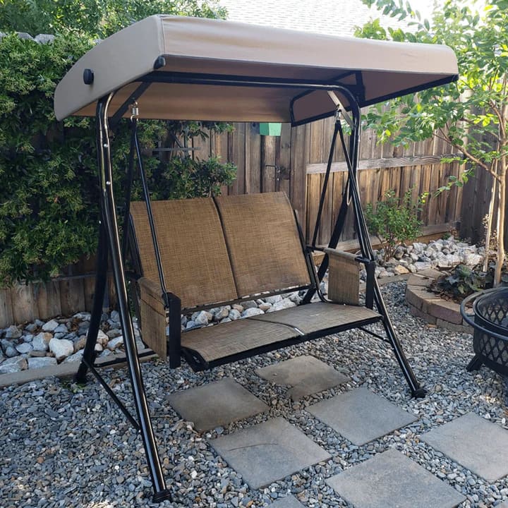 Front. PURPLE LEAF - 2/3-person Deluxe Outdoor Patio Porch Swing with Weather Resistant Steel Frame, Adjustable Tilt Canopy - Beige-2 Person.