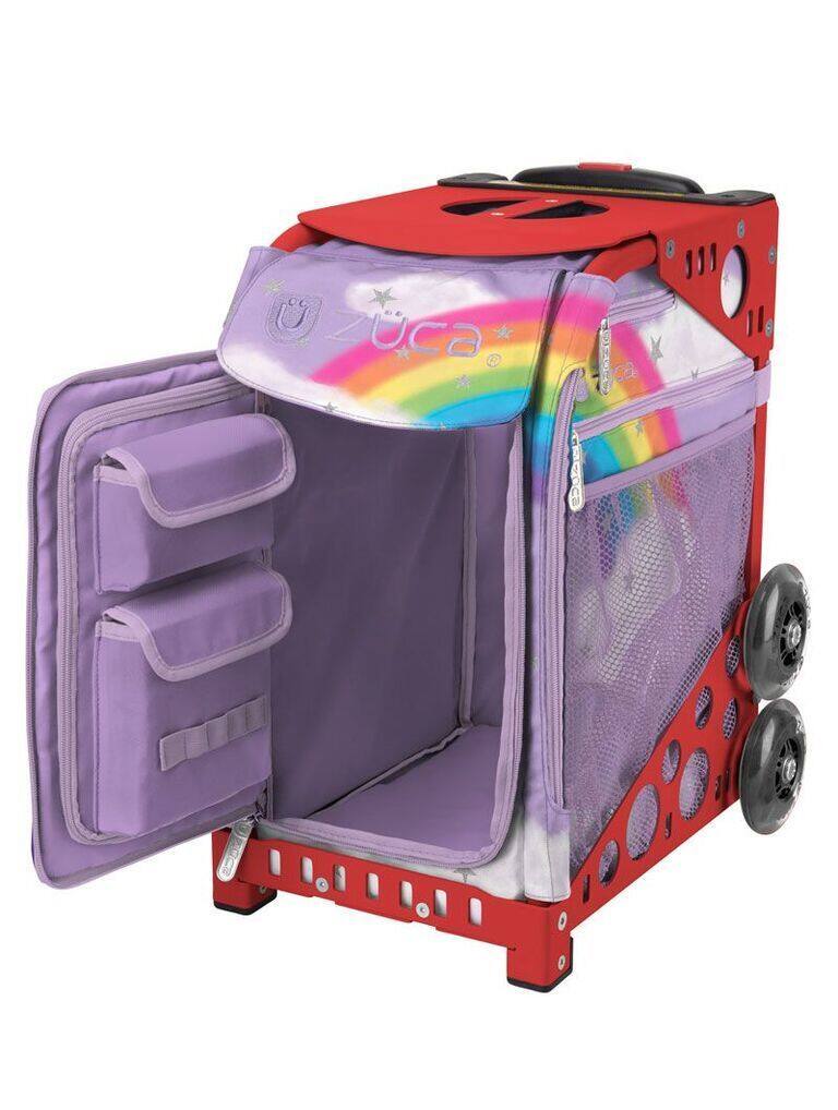Angle. Zuca - Zuca Unicorn Sport Insert Bag and Red Frame with Flashing Wheels - Purple.