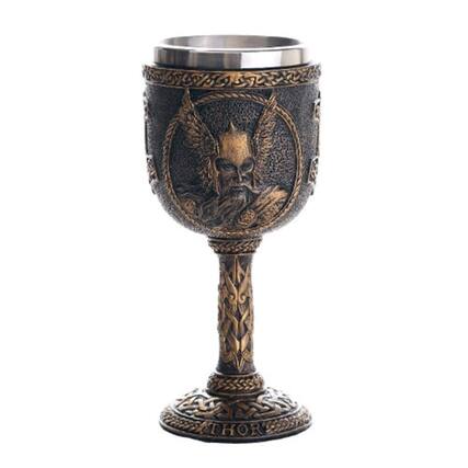 Front. Pacific Trading - Norse Mythology Thor God of Thunder Wine Goblet Chalice Cup Resin Body Stainless Steel Cup 7 ounce - Bronze.