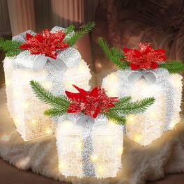 Schertz - 3-Piece Lighted Christmas Gift Boxes, White LED Boxes with Timer & Poinsettias - Red