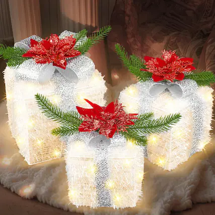 Front. Schertz - 3-Piece Lighted Christmas Gift Boxes, White LED Boxes with Timer & Poinsettias - Red.