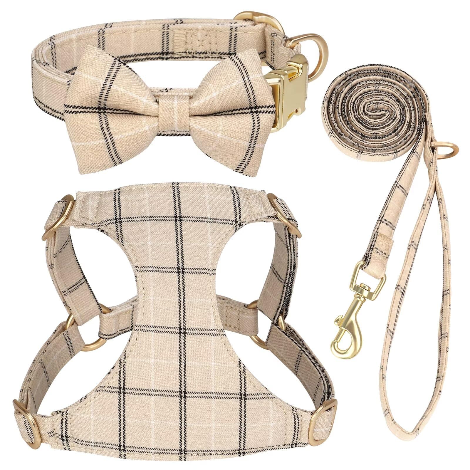 Paradigms Interiors - Cute Dog Harness Collar And Leash Set With Bowtie Soft Plaid Puppy For Sized Dogs Cats Walks Parties - Beige-S:Fit 9-20 lbs