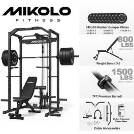 Mikolo - Multi-Functional Squat Rack with LAT Pulldown System Exercise Power Cages,Metal - Black