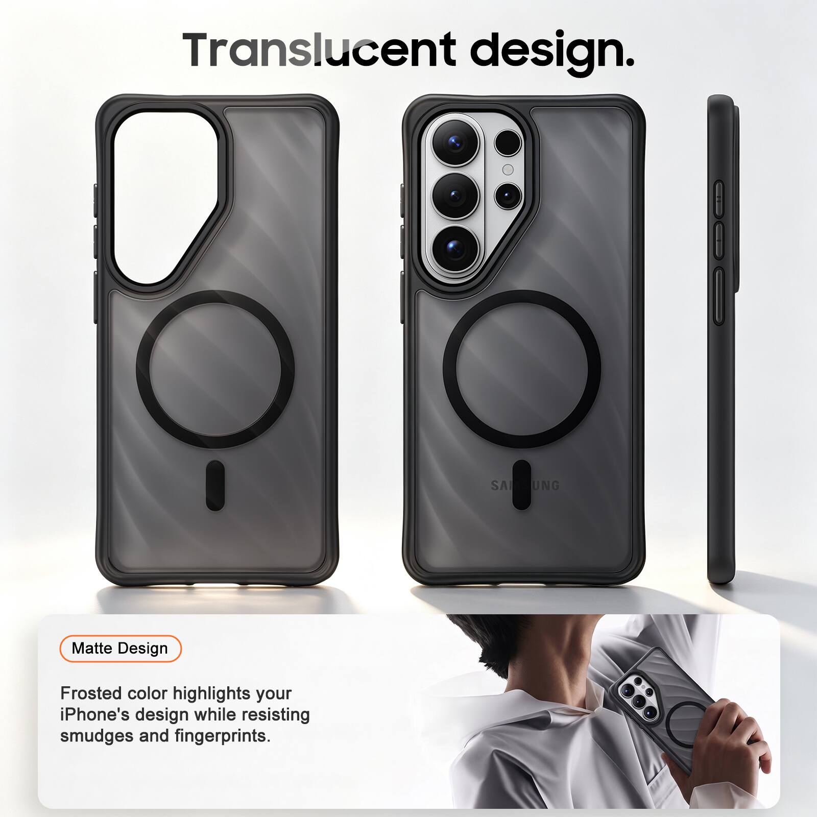Translucent design.

SAI
UNG

Matte Design
Frosted color highlights your iPhone's design while resisting smudges and fingerprints.