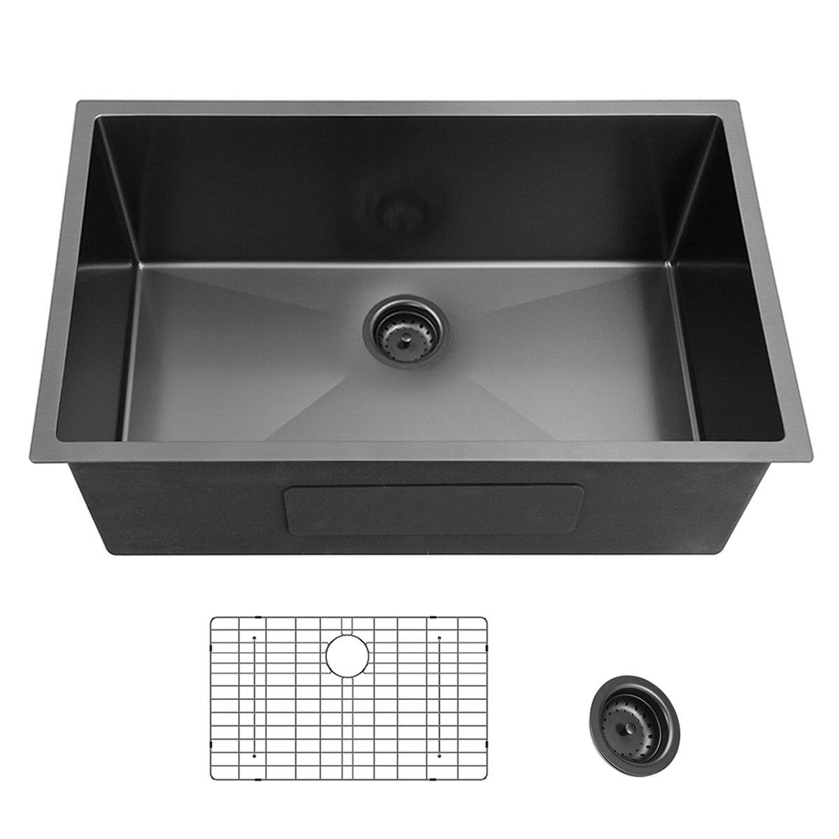Left. Siljoy - 27x17 inch  Undermount Gunmetal Black 18 Gauge Stailess Steel  Kitchen Sink - Gunmetal Black.