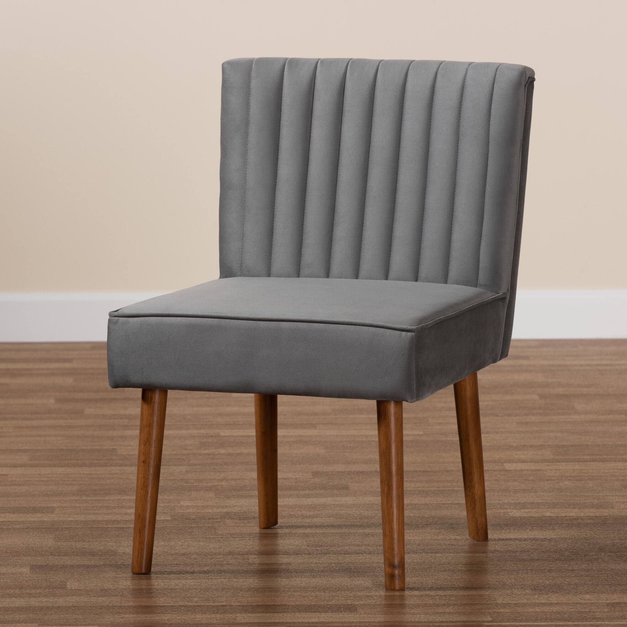 Alt View 5. Baxton Studio - Alvis Mid-Century Modern Velvet Upholstered and Finished Wood Dining Chair - Grey/Walnut Brown.