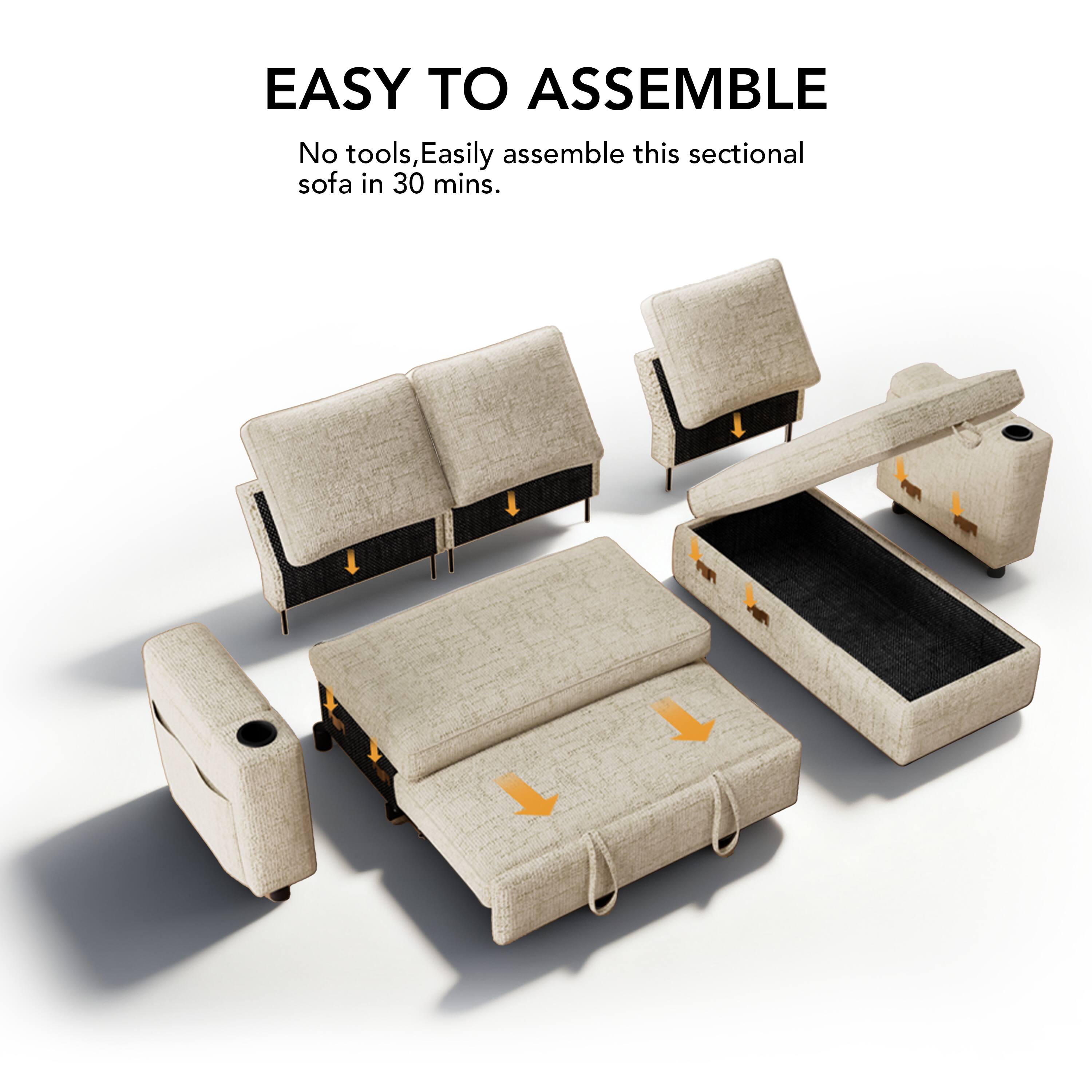 Alt View 1. Dyonery - Dyonery 81-inch foldable sofa with built-in cup holders, storage compartments on the armrests, Chenille, beige - Beige.